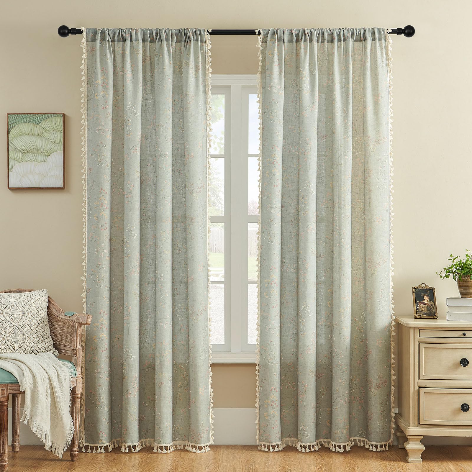 Joydeco Blue Floral Boho Curtains 84 Inch Length 2 Panels, Super Soft Bohemian Farmhouse Curtains with Tassels, Semi Sheer Light Filtering Drapes for Bedroom Living Room (Rod Pocket, 52Wx84L) โ image 1