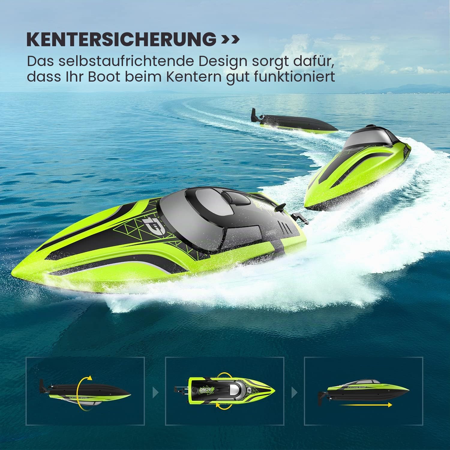 DEERC RC Boot mit LED-Licht, ferngesteuertes, für Pools und Seen, 20+ km/h, 2,4-GHz-Rennboote mit 2 Batterien, Poolspielzeug für Kinder, ferngesteuertes Wasserfahrzeug (Grün)