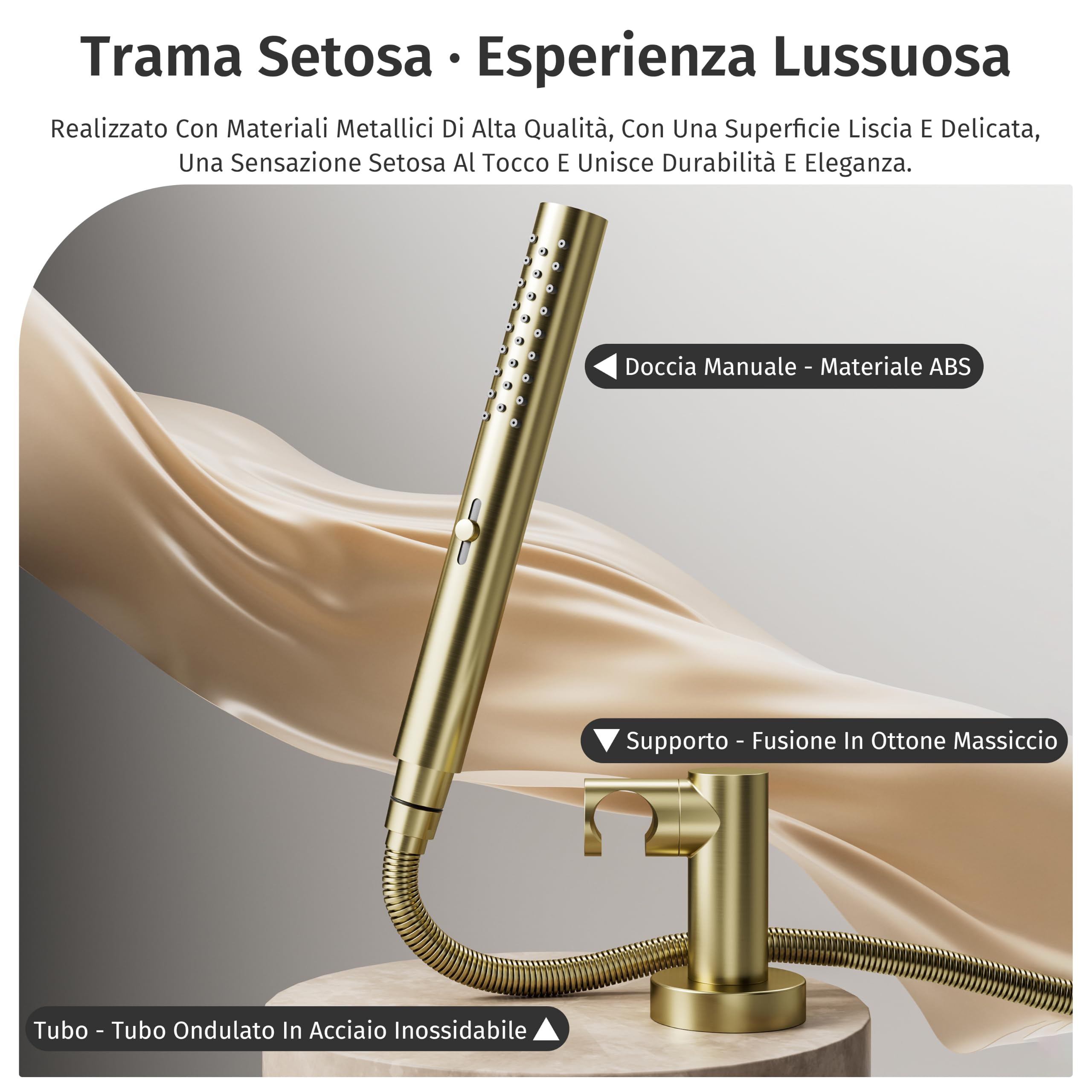 Soffione doccia,Con 2 modalità d'acqua (modalità pioggia e modalità flusso forte),Interfaccia comune,Rotondo Soffione doccia alta pressione,Oro spazzolato,Doccia manuale + flessibile + supporto