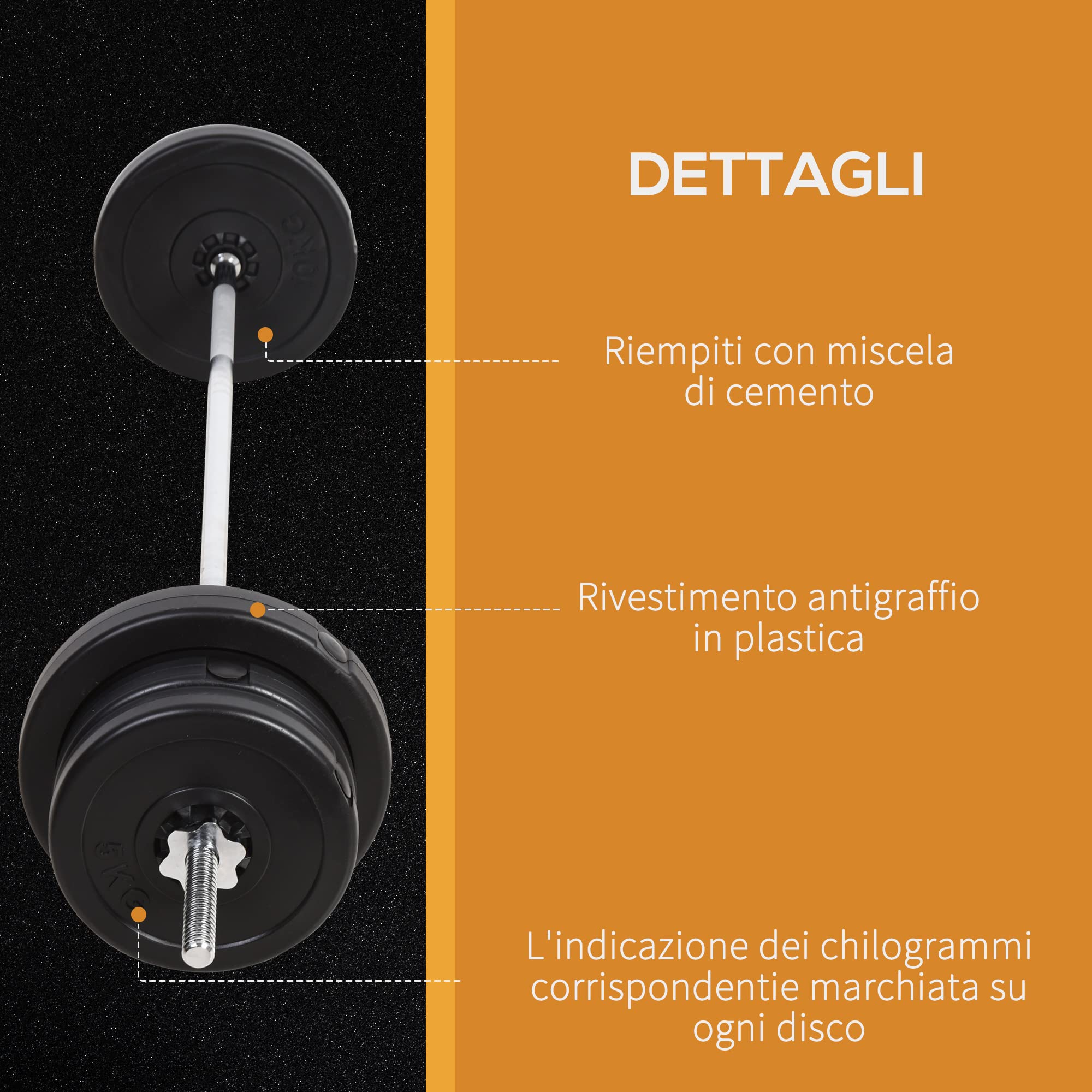 HOMCOM Set Bilanciere e Dischi 65kg con 2 Manubri Pesi, Bilanciere Palestra Manubri con 14 Dischi in Acciaio e Plastica