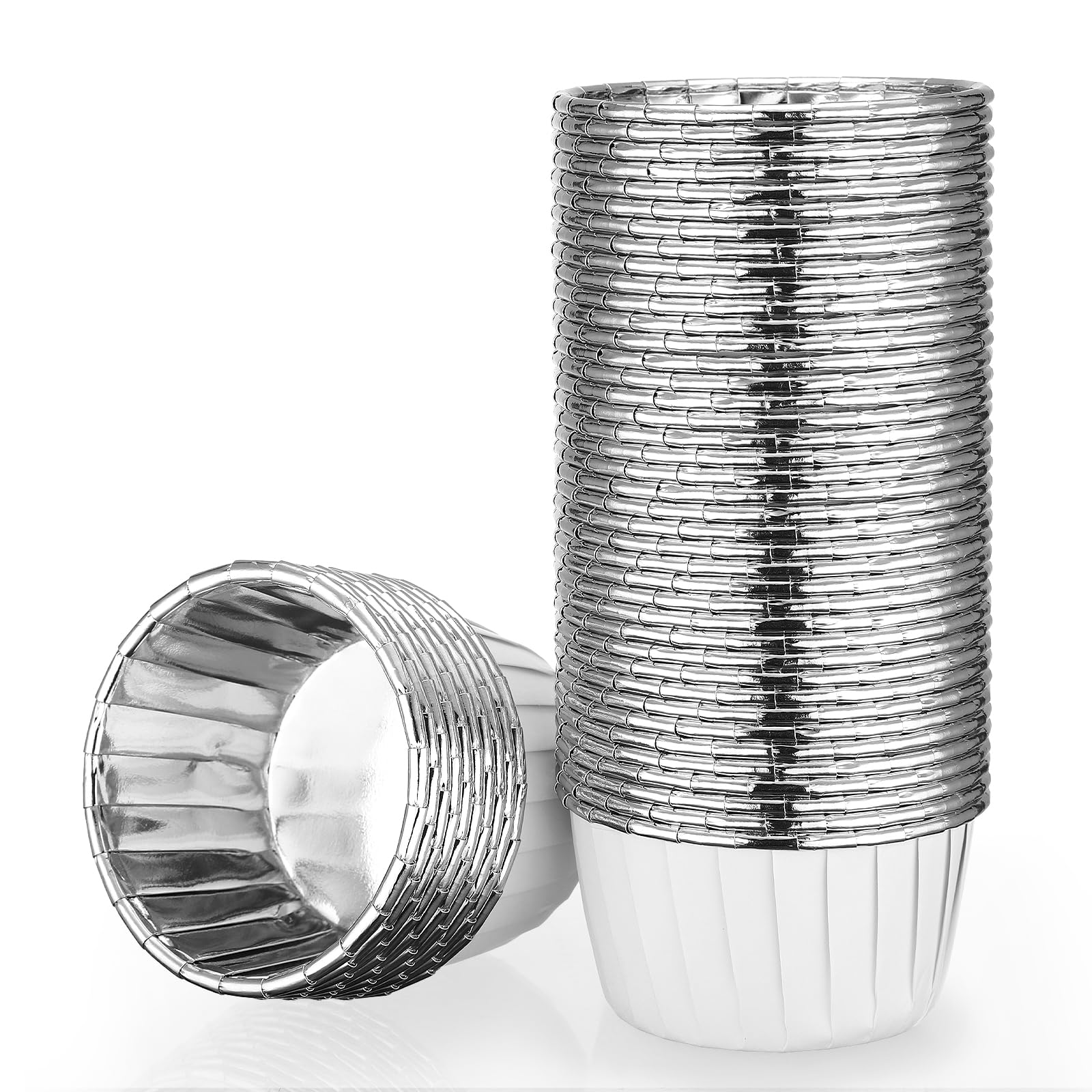 EUSOAR Silver Cupcake Liners, 50pcs 3.5oz Cupcake Holders Disposable Dessert Containers, Mini Cheesecakes Baking Cups Aluminum Foil Wrappers Muffin Ramekins for Birthday Wedding Bridal Party