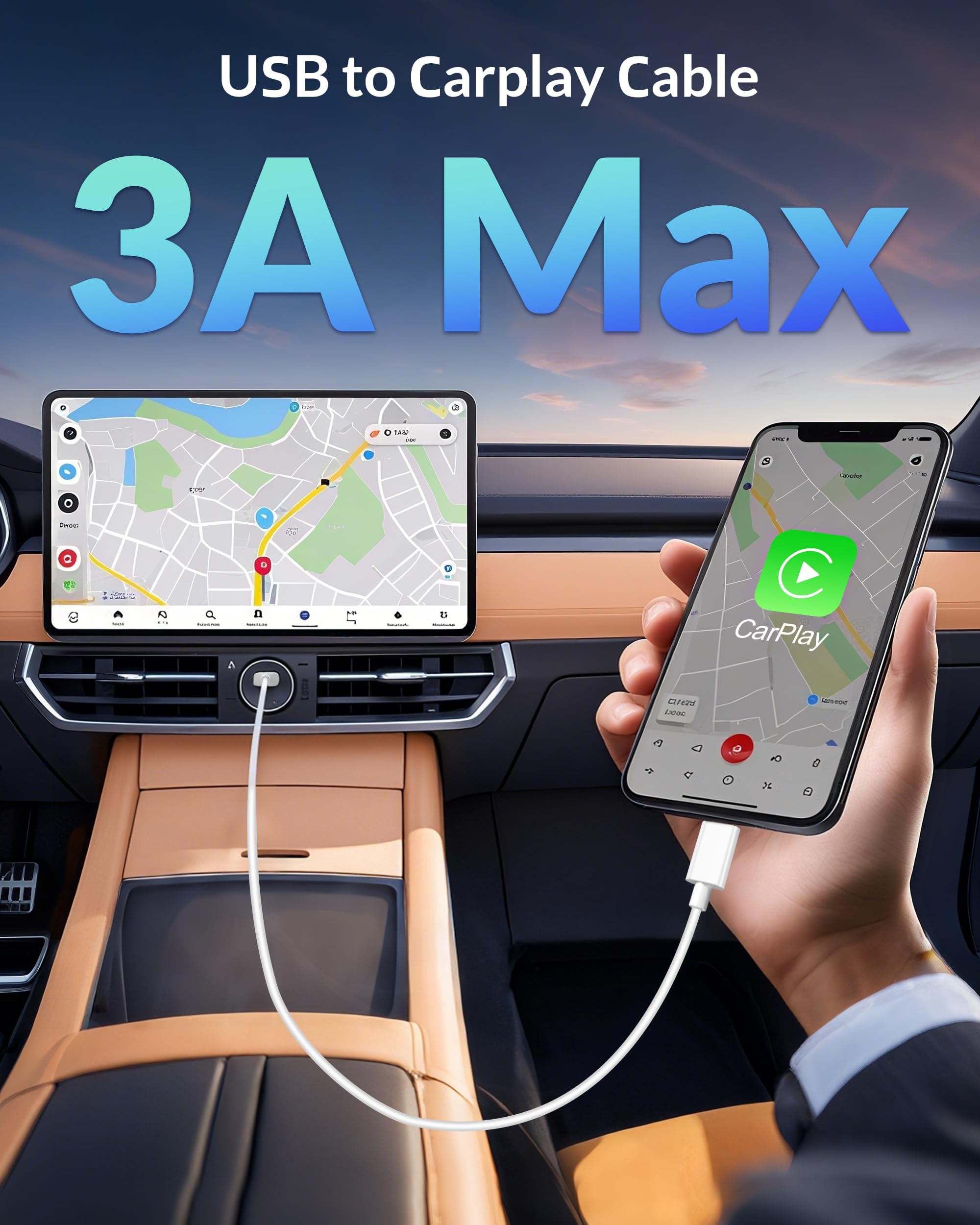 3-portowa szybka ładowarka samochodowa 70 W do iPhone'a 14 13 12 11 Pro Max Plus Mini SE XR XS X 8 7 6, iPada, 2 x przewód USB Carplay i kabel do ładowania Lightning oraz adapter ładowarki