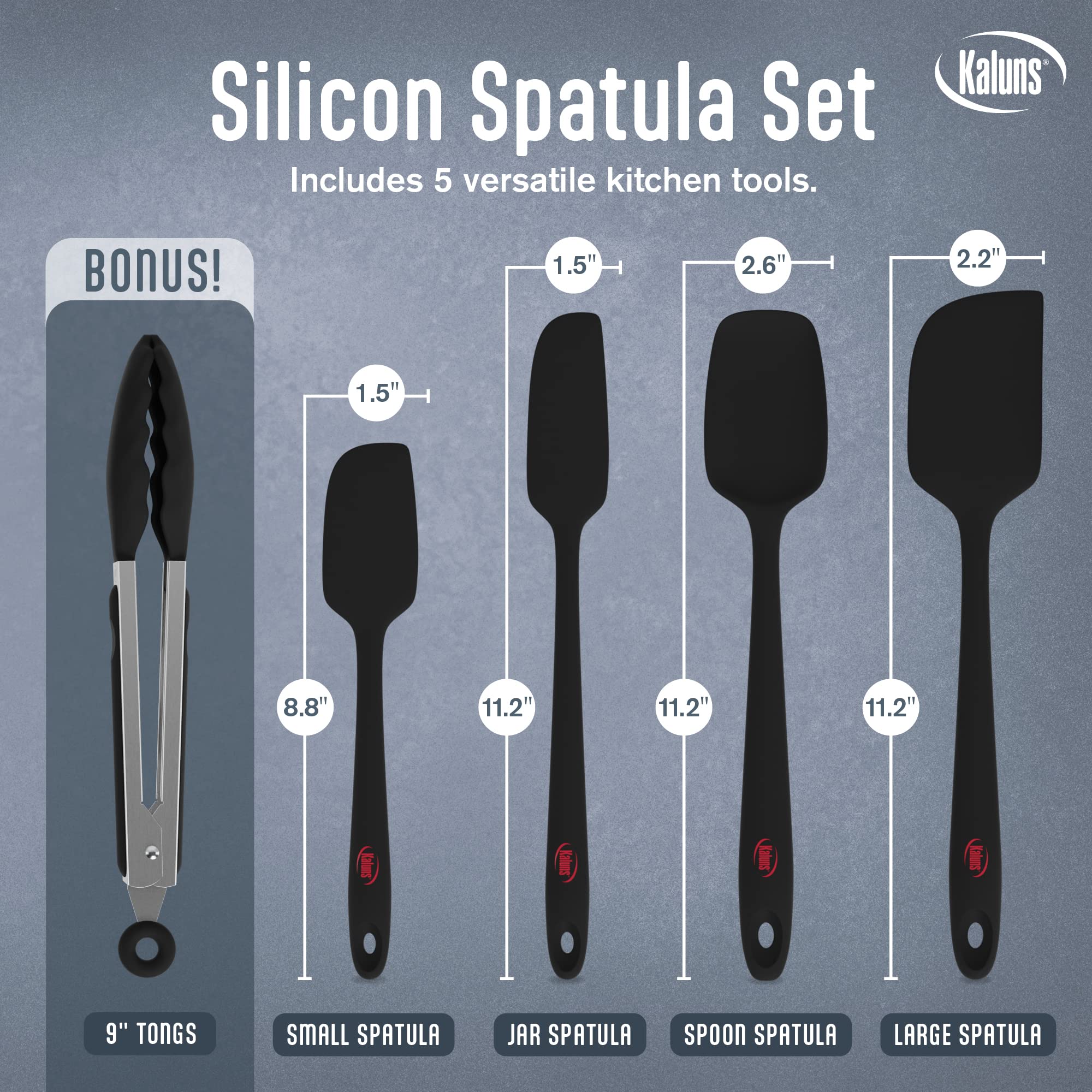 Kaluns Silikon-Pfannenwender und -zange Set, Gummi, Küchenutensilien, Zubehör zum Kochen, robuster Edelstahl-Kern, Antihaftbeschichtung und hitzebeständig. 5 Pcs Spatula Set schwarz