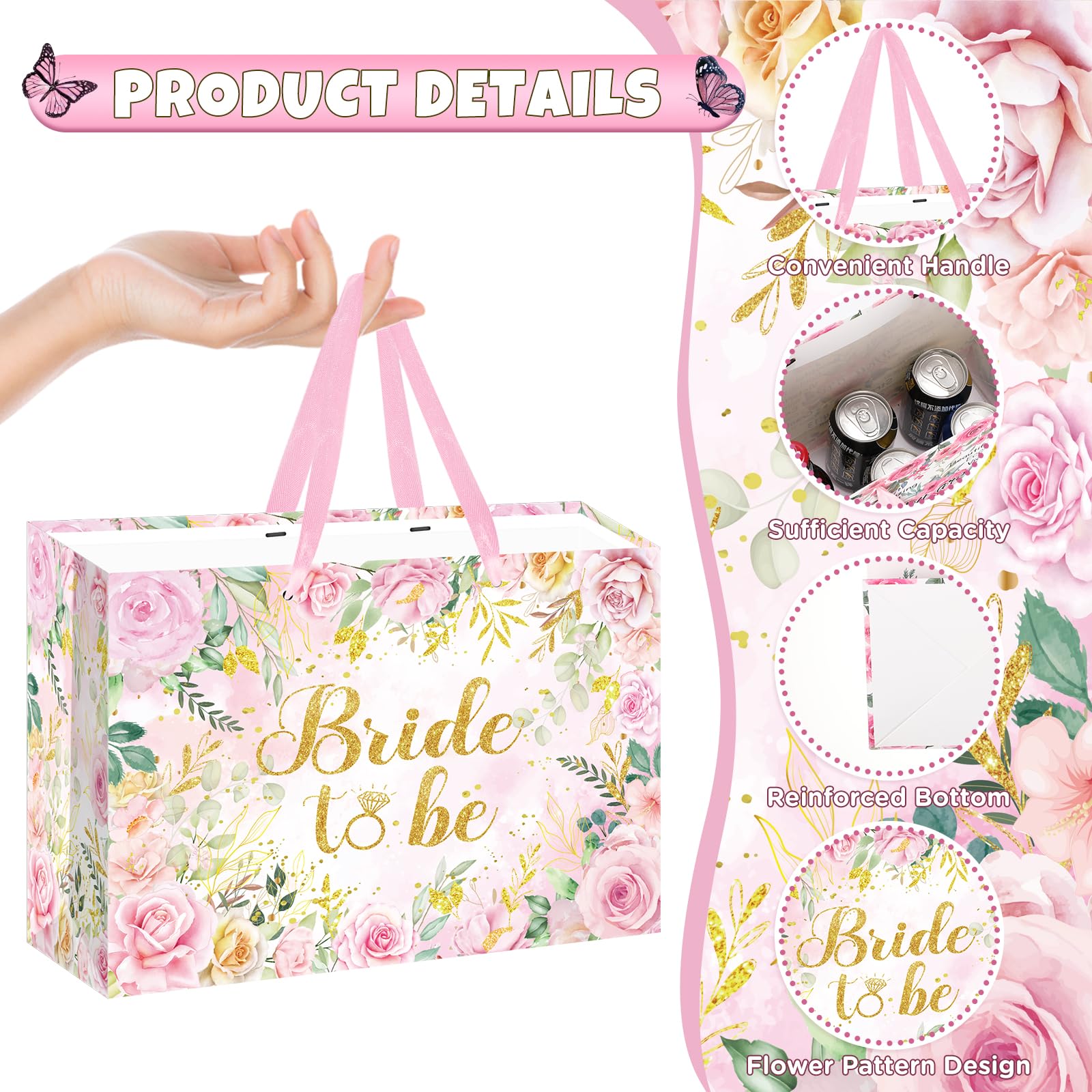 Yomaiha Bride Gift Bag Floral Bridal Shower Gift Bag with Card and Tissue Paper, Bridal Shower Gift Wrapping Paper Bag for Engagement Bride to Be Wedding Party, Bachelorette Party Supplies