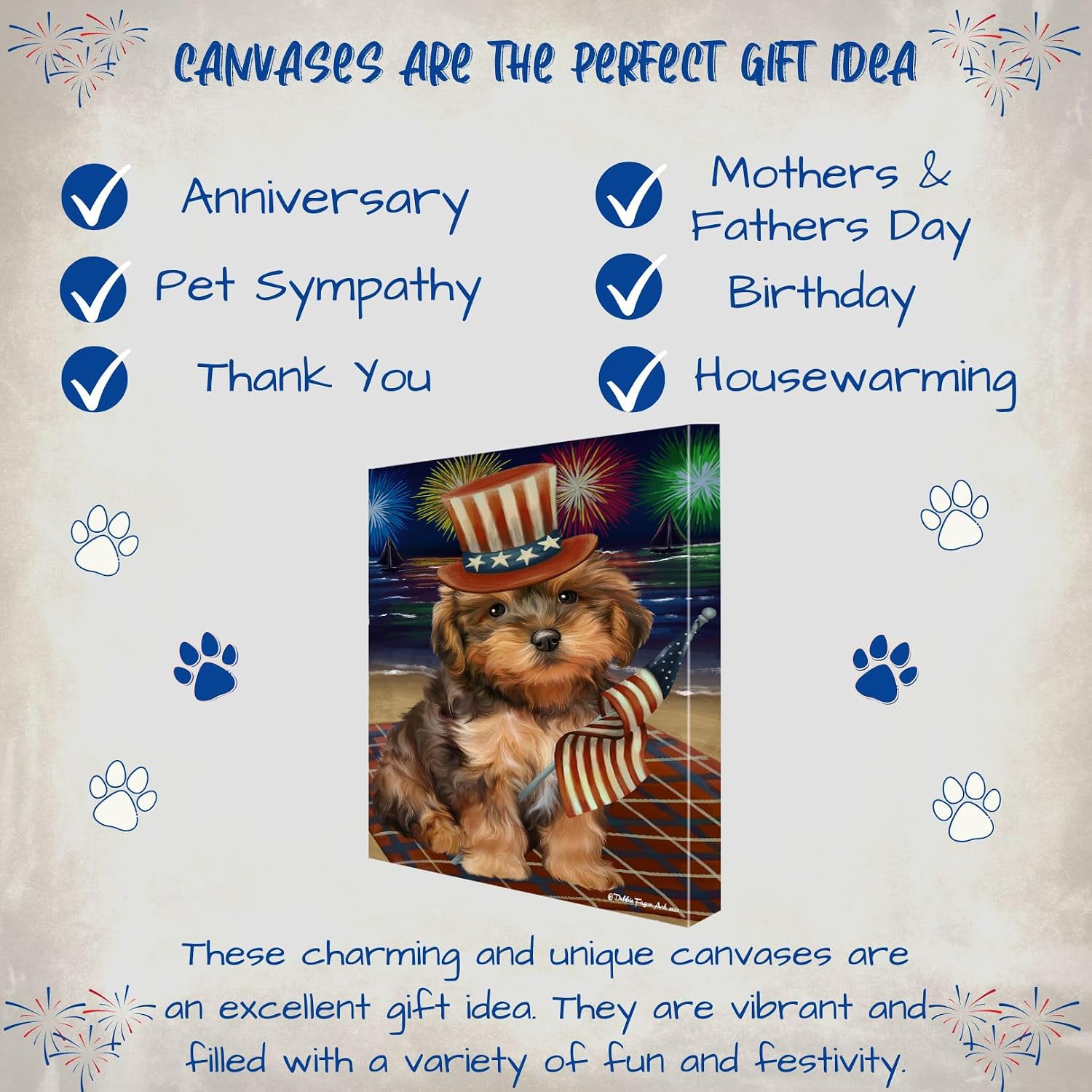 4th of July Fireworks Yorkipoo Dog Canvas Wall Art - Premium Quality Ready to Hang Room Decor Wall Art Canvas - Unique Animal Printed Digital Painting for Decoration, 16"x20" - CVSP116788