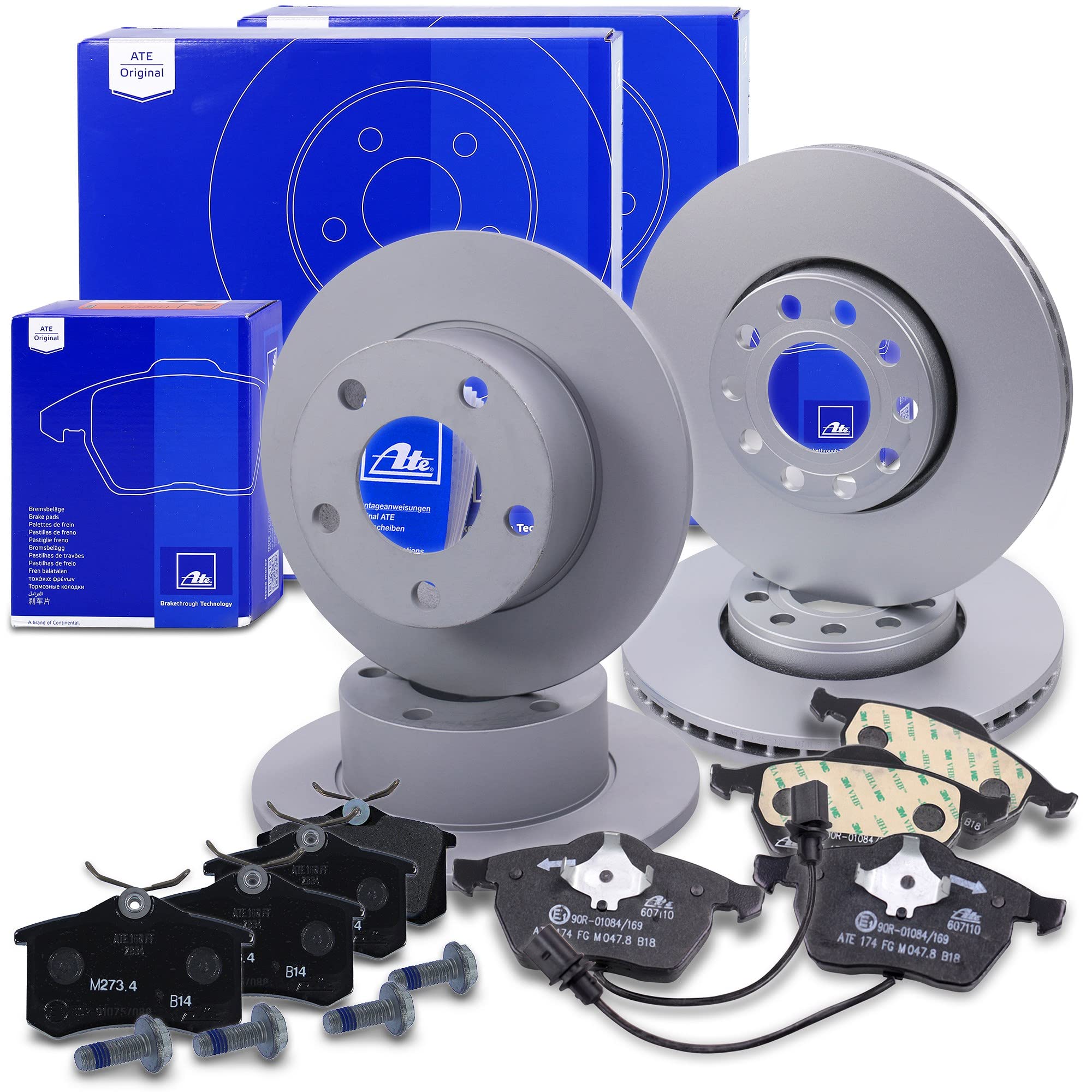 ATE Bremsenset inkl. Bremsscheiben vorne Ø 288 mm belüftet + hinten Ø 245 mm voll und Bremsbeläge vorne + hinten und Verschleißkontakt Kompatibel mit SKODA SUPERB 1 (3U4), VW PASSAT B5