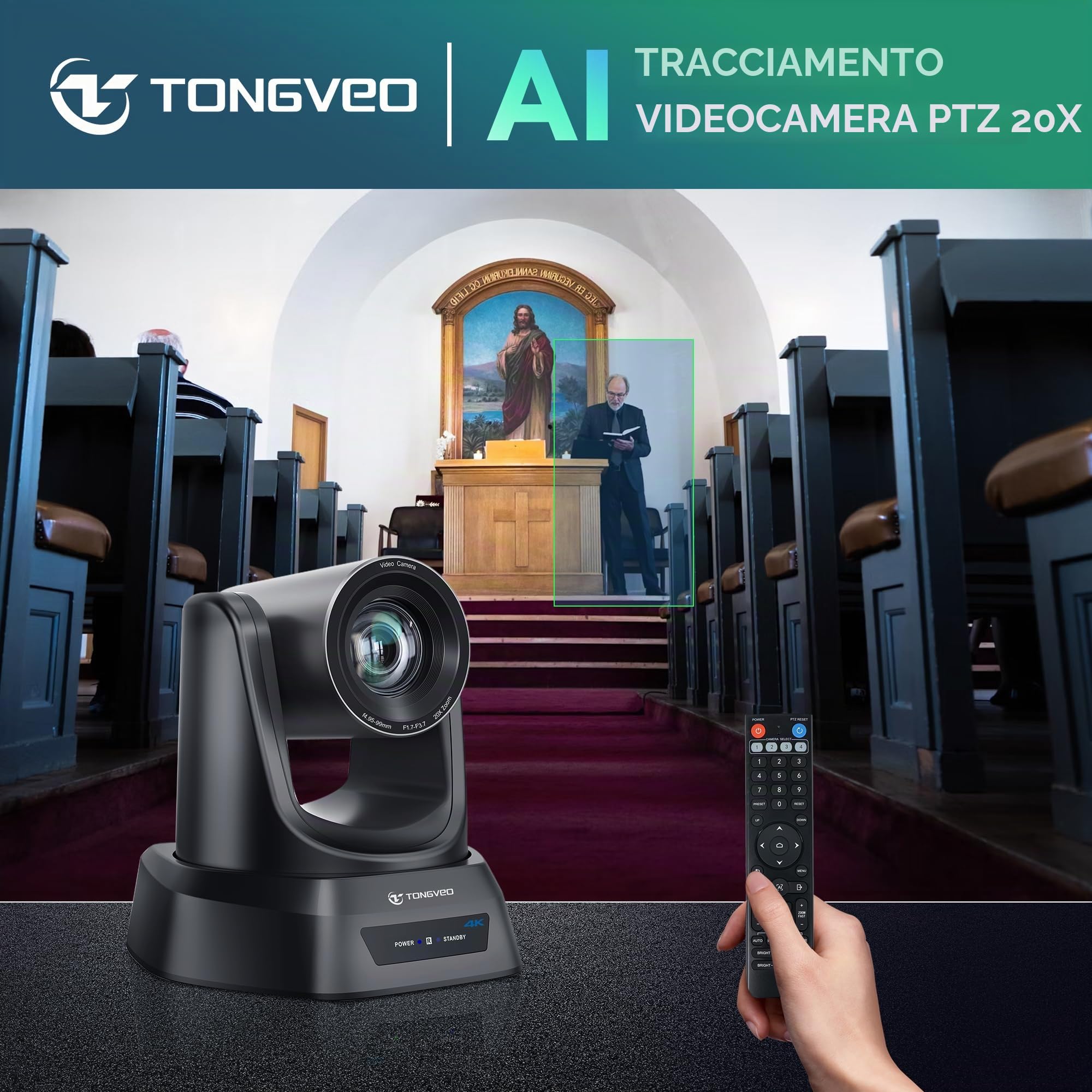 TONGVEO Telecamera PTZ 4K AI con auto-tracking e zoom ottico 20x, videocamera per conferenze con HDMI/USB3.0/LAN/PoE, ideale per servizi di benessere, riunioni zoom, live streaming ed istruzione