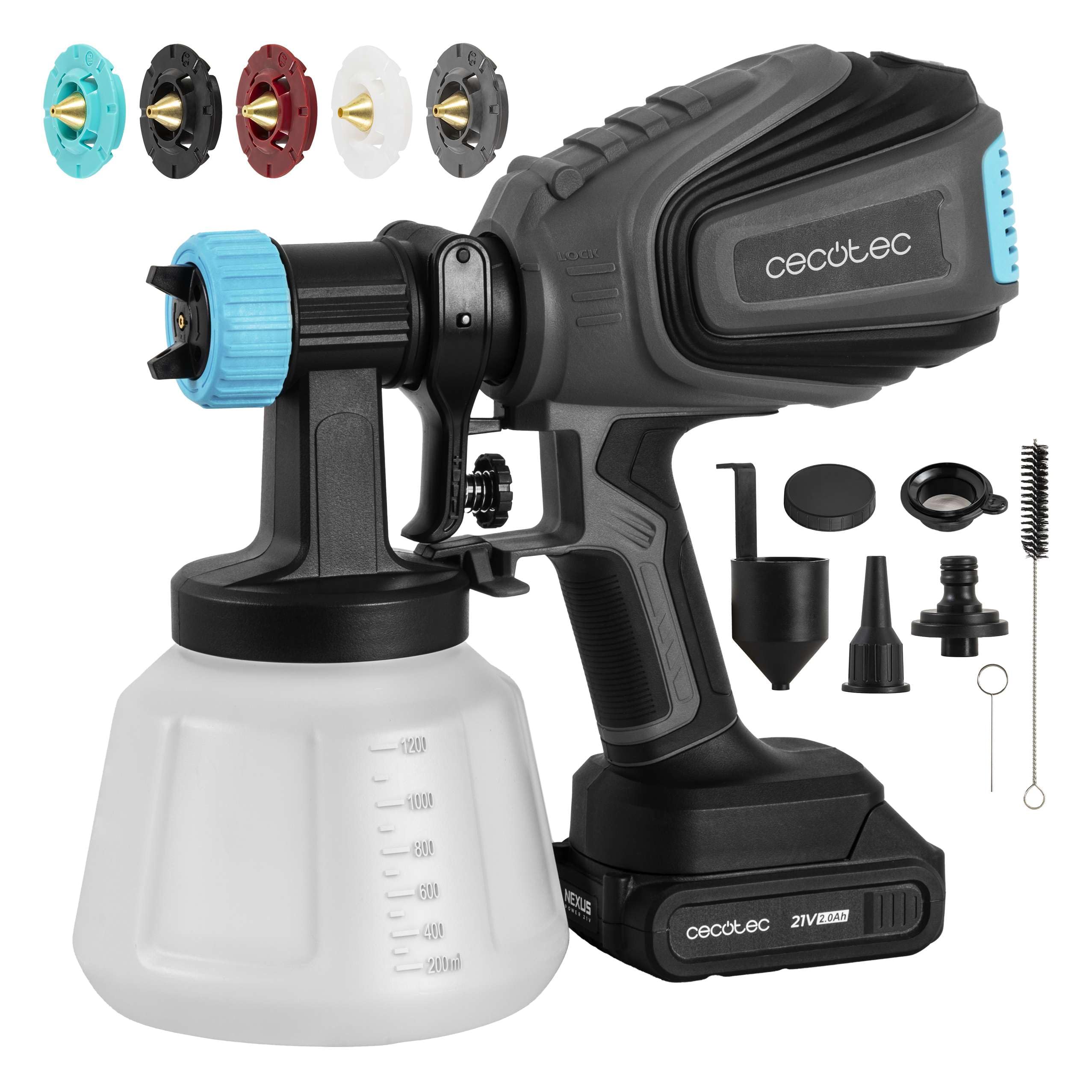 Cecotec Pistola Vernice a Batteria TotalPaint 4000 Liberty con 800W Potenza, Precisione 14kPa, Include 4 Ugelli, Contenitore Capacità 1200ml, Flusso Massimo 800ml/min