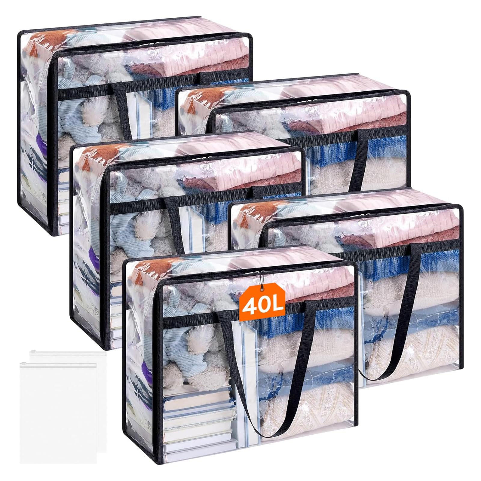 5 Pack Clear Plastic Storage Bags, 40L Foldable Clothes Storage Bags with Zips Laundry Packing Bags with Reinforced Handle Bedding Moving Bags Plastic Loft Wardrobe Organiser for Quilt Blanket Duvet