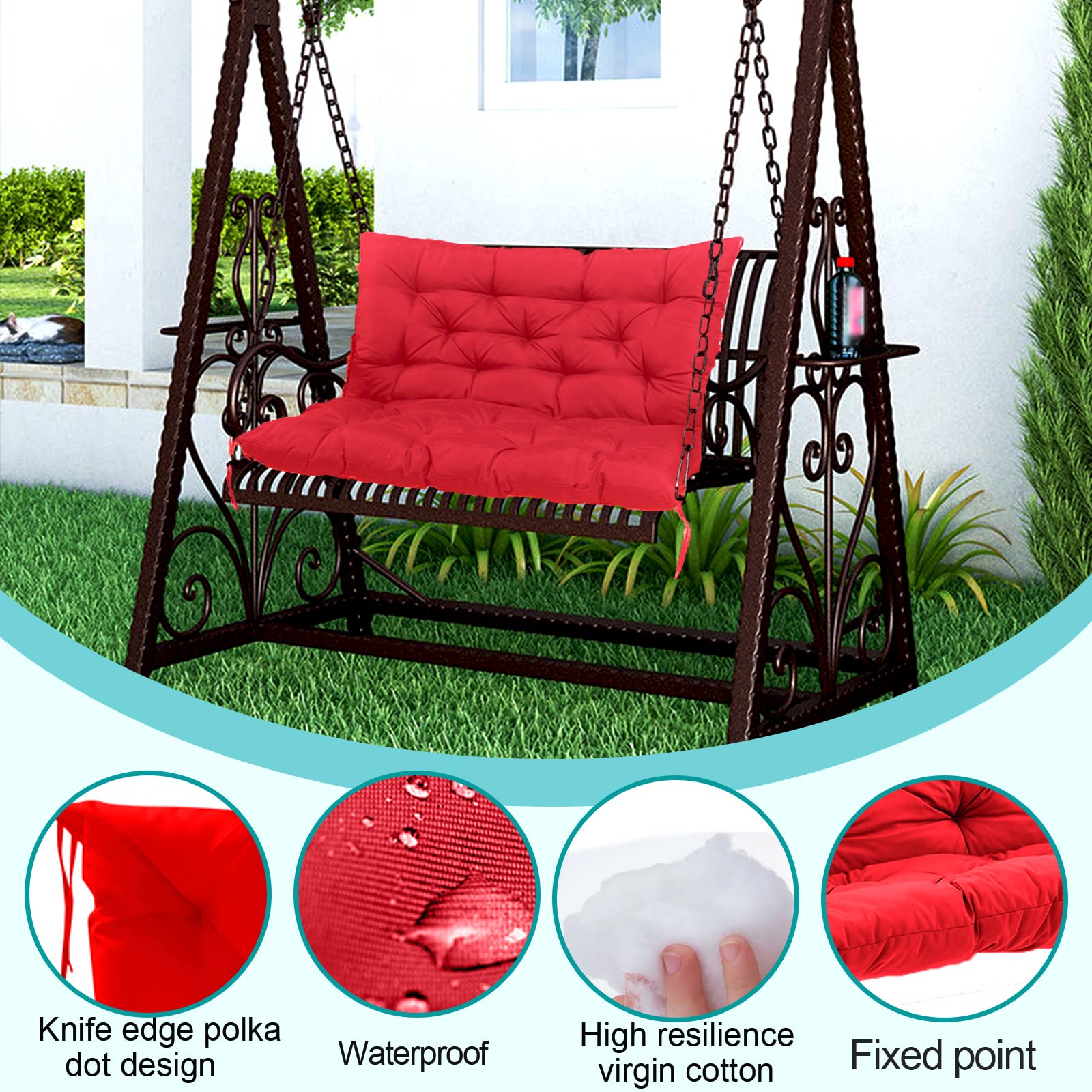 Swing Replacement Cushions with Backrest, 3 Seater Non-Slip and Waterproof Overstuffed Swing Pad Cushions for Outdoor Swing, Terrace Loveseat/Bench (60x40in, Red)