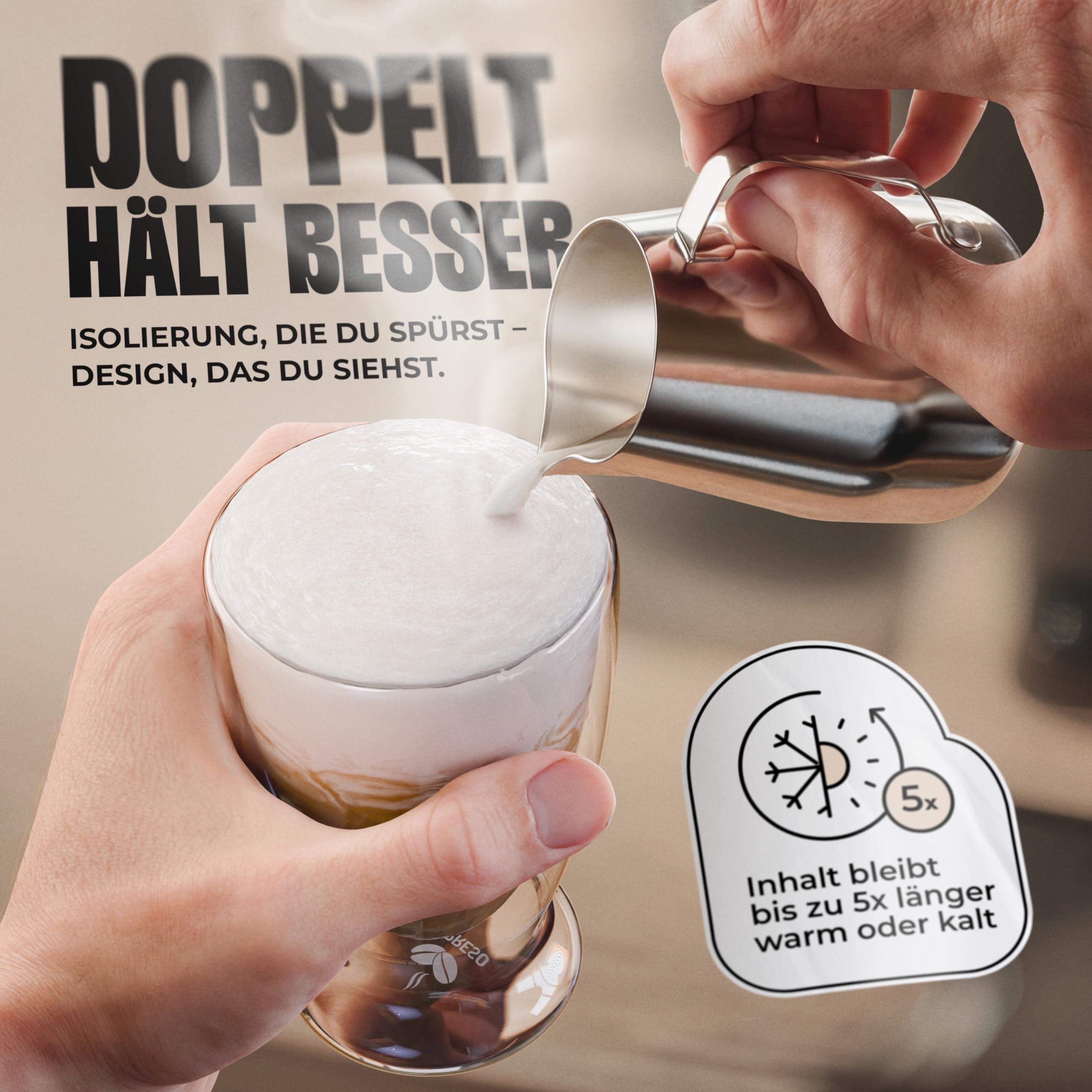 LAPRESO® Latte Macchiato Cappuccino Gläser Doppelwandig | Thermogläser Kaffeegläser Teegläser | Gläser Set 300 ml 6 Stück | Thermogläser Doppelwandig Kaffeetassen