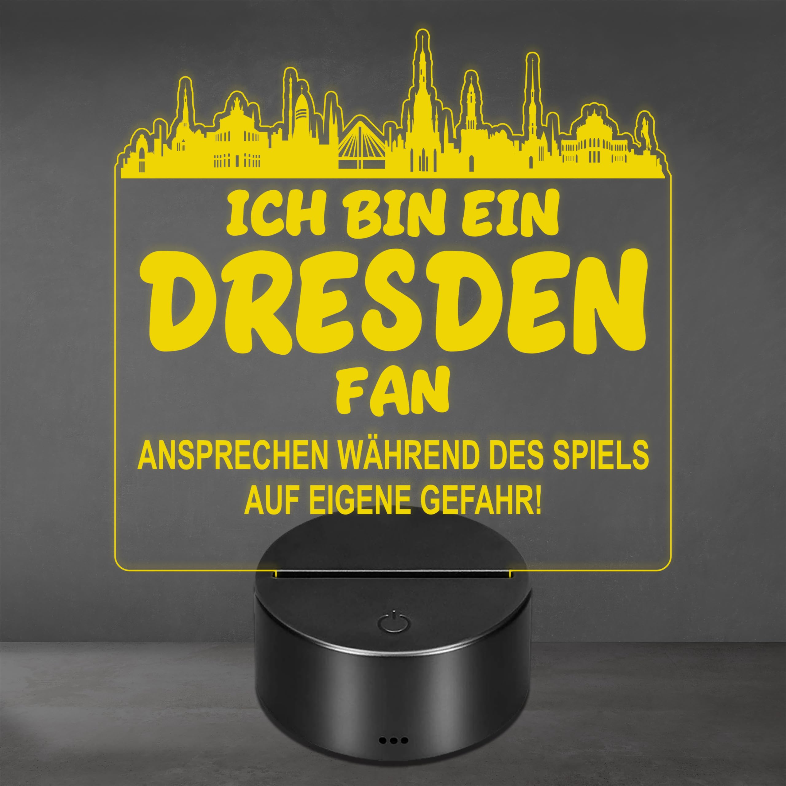 Lieblingsmensch Dresden Fan Fußball LED Nachtlicht – 3D Skyline Design „Ansprechen auf eigene Gefahr“ – RGB Farbwechsel mit Fernbedienung & Touch – Stimmungslicht für die Man Cave – 19x23cm