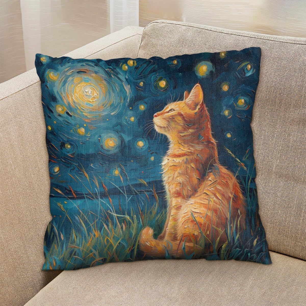 Cat Starry Night Throw Pillow Covers 20x20 Inch for Living Room Couch Bed Sofa Square Cushion Case Cat Art Throw Pillow Cover Farmhouse Boho Home Decor