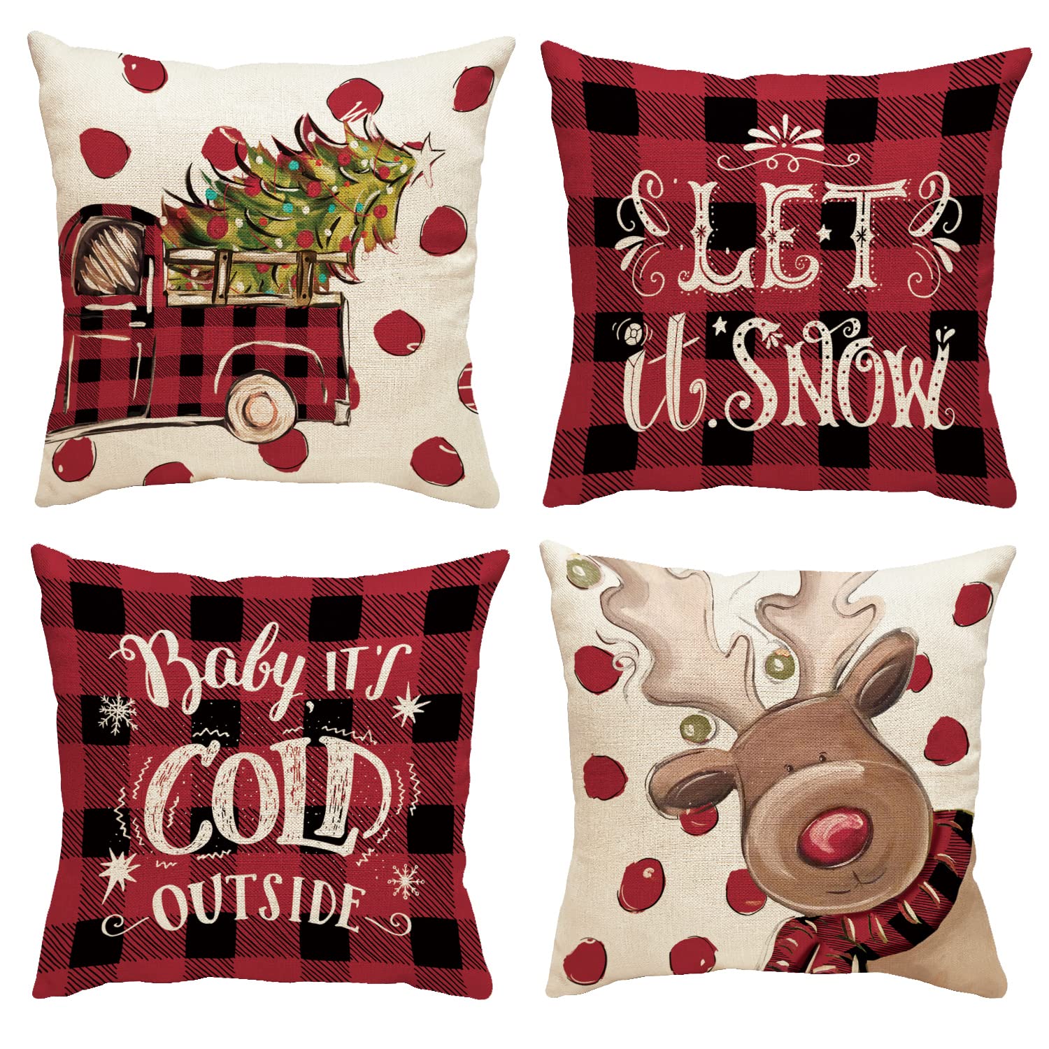 GDHBLING Christmas Throw Pillow Covers 18x18 Inch Set of 4 Christmas Plaid Christmas Tree Winter Decorative Throw Pillow Covers Christmas Decorations for Home