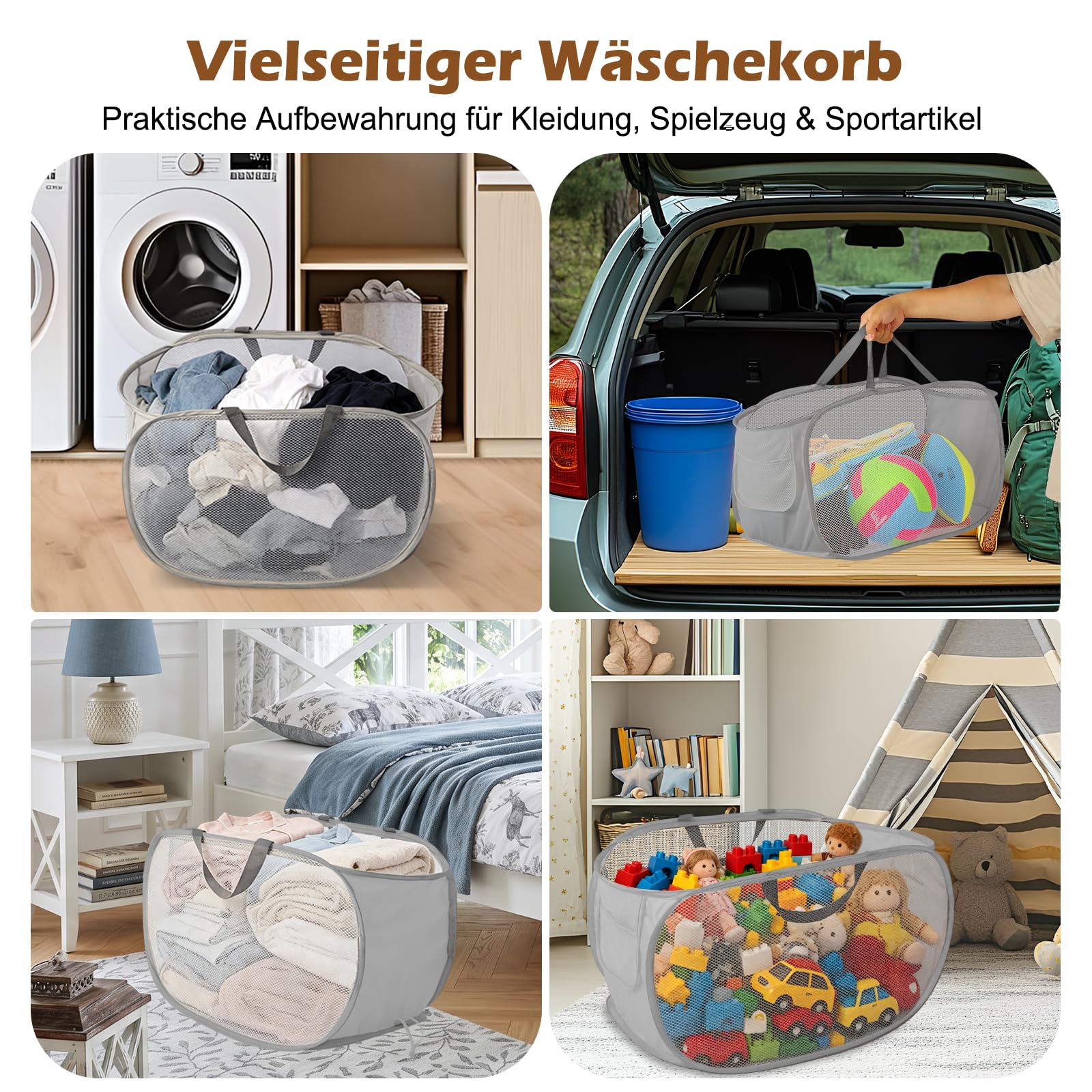 3er-Set faltbare Wäschekörbe mit Tragegriffen & Pop-up-Funktion, luftdurchlässiges Netzgewebe, Mehrzweckaufbewahrung, Wäschekorb faltbar für Badezimmer, Schlafzimmer, Waschraum & Reisen
