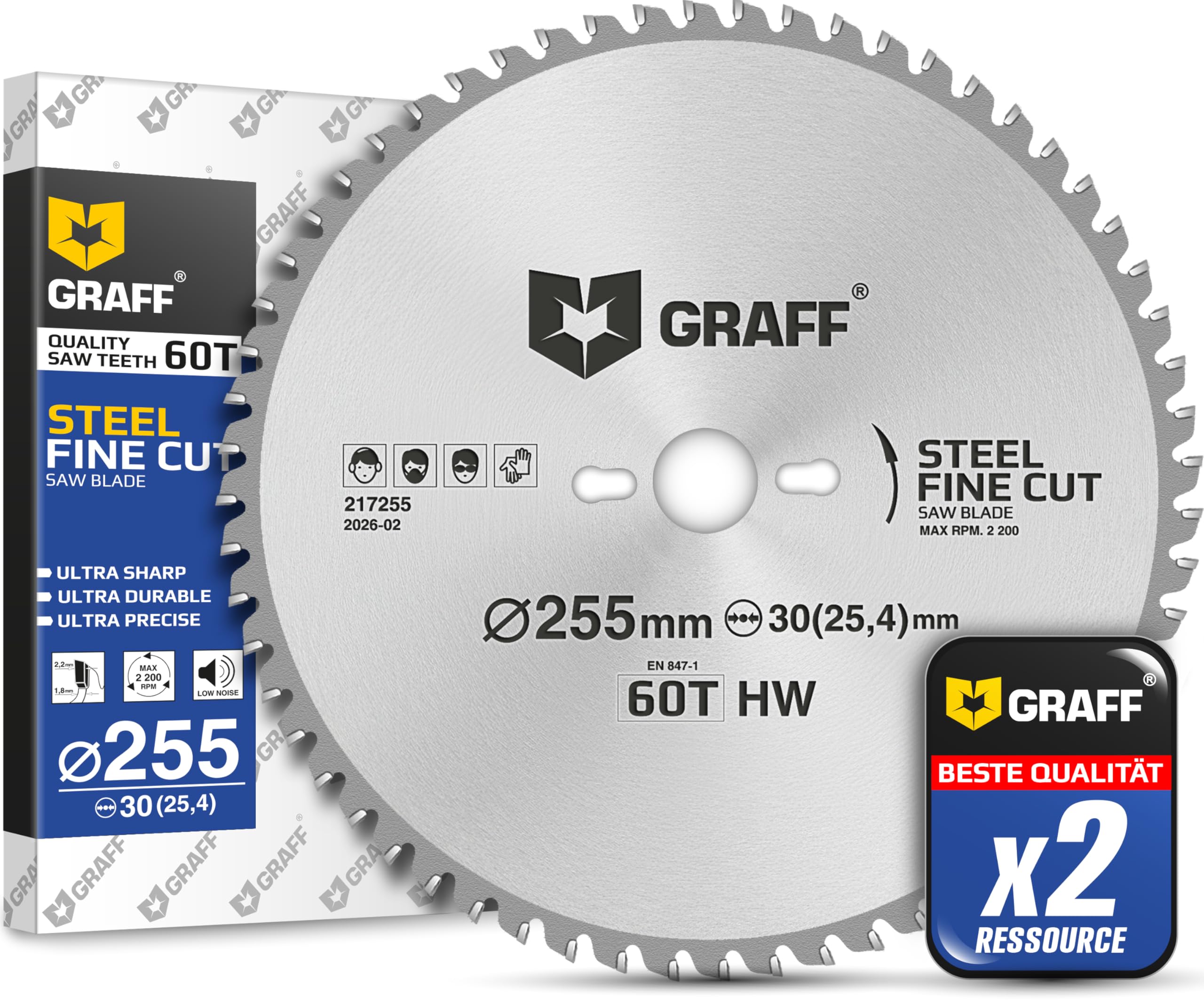 GRAFF Hoja de Sierra Circular 254(255) x 30mm - Disco para Metal Aluminio Acero Dulce Tubos - Repuesto para Sierra Ingletadora