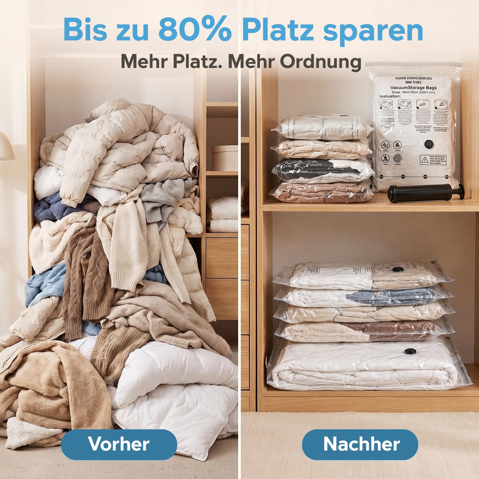 20 Stück Vakuumbeutel für Kleidung mit Handpumpe, 5 Größen, Familien-Set