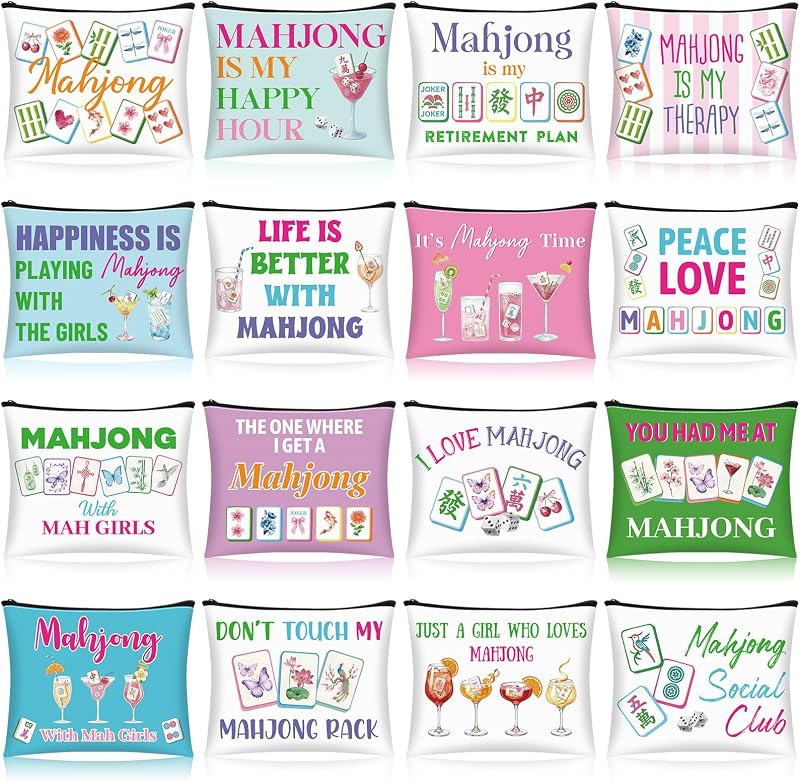 16 Necessaires de maquiagem de lona com tema Mahjong SilTriangle, 16 estilos