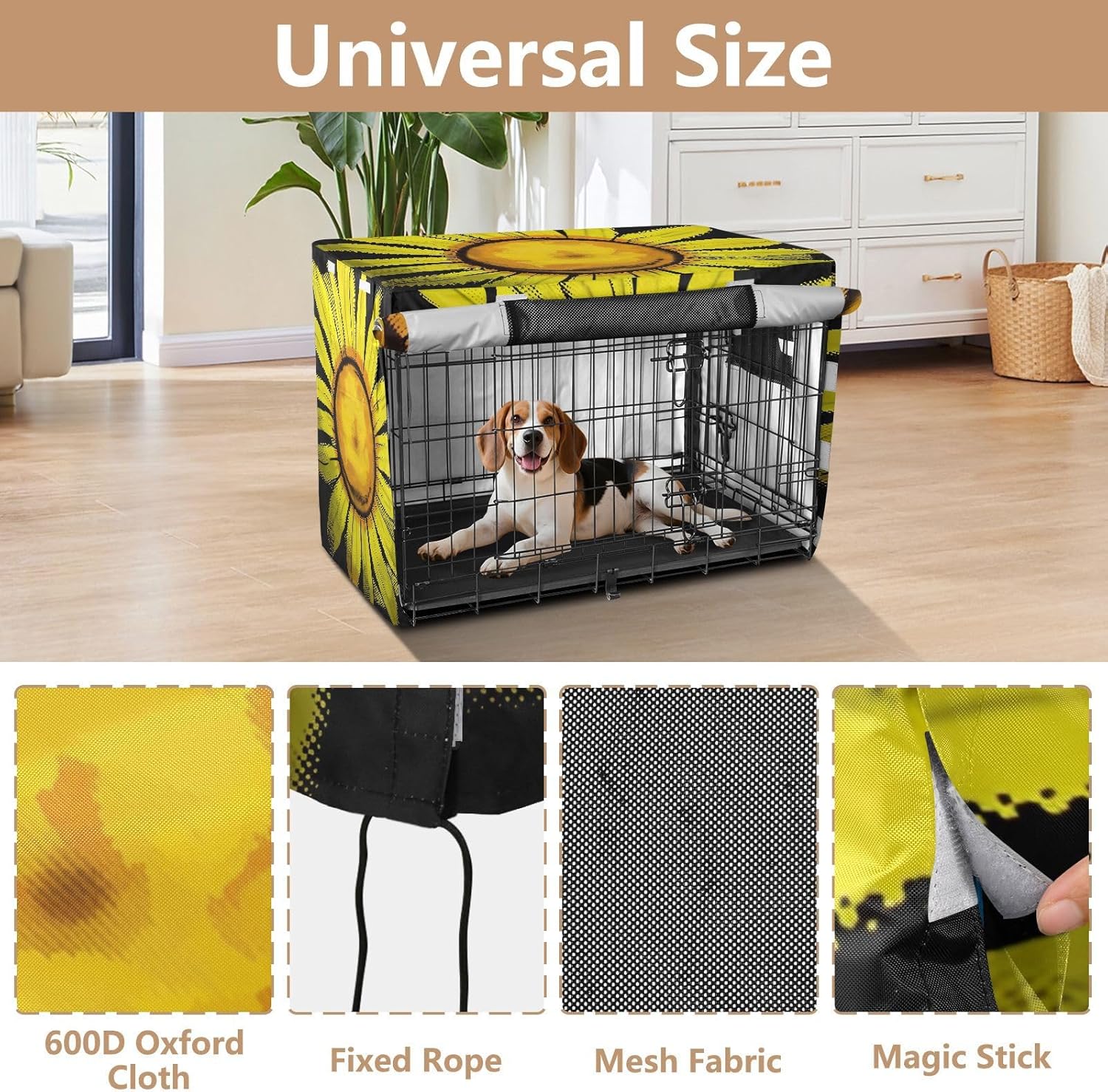 Yellow Sunflowers Black Dog Crate Covers S-XL Washable Pet Crate Cover with Roll-up Sides, Reduces Barking, Large