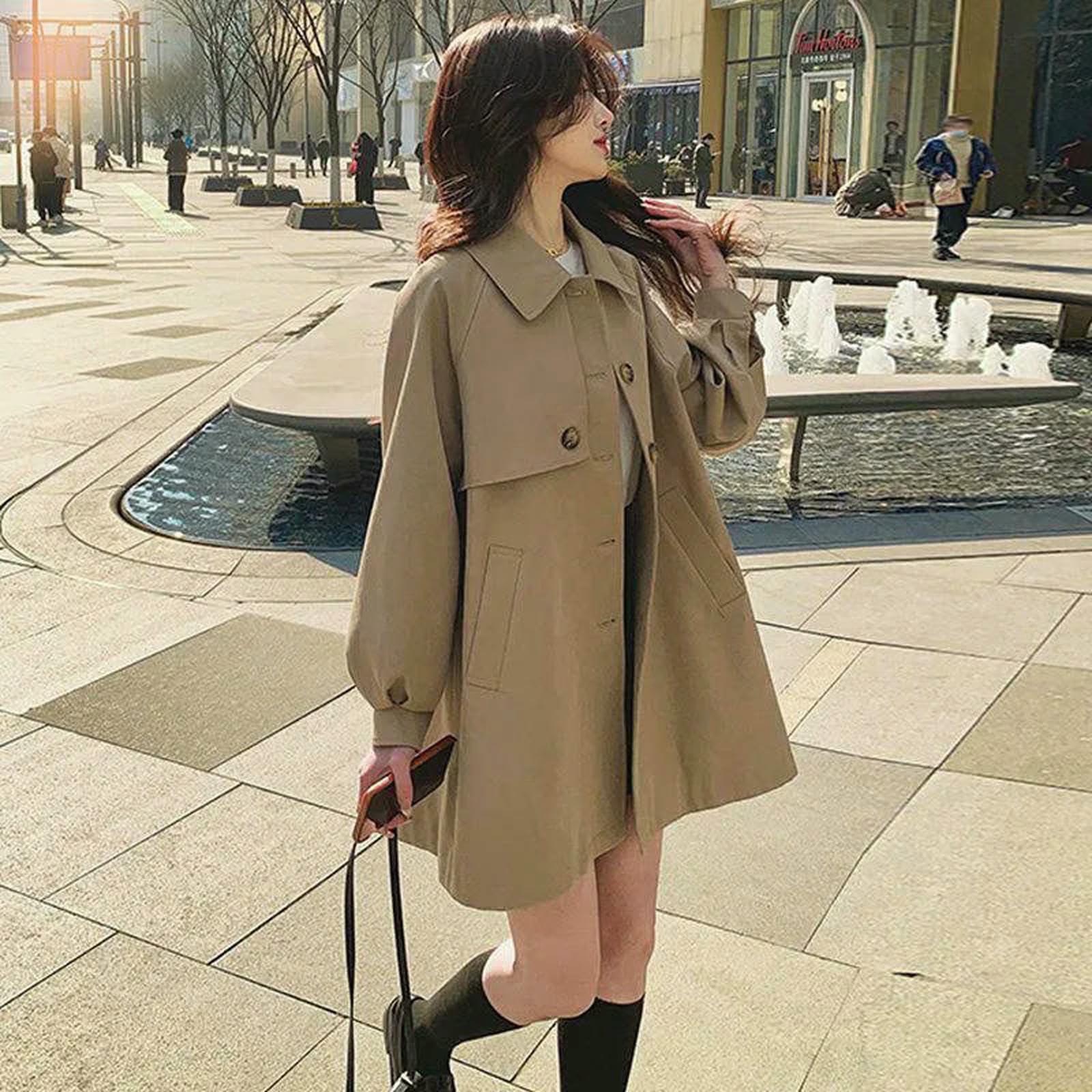 Abbigliamento Donna Trench Women Khaki Casualmente Capo Sciolte Corea Elegante Giacca da Donna Autunnale A metà Lunghezza-Verde-m