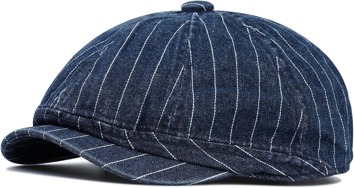 Clakllie Octagonal Newsboy Hat with Chic Stripe Design Herringbone Ivy Cabbie Hat Denim Cotton Gatsby Driving Cap for Daily