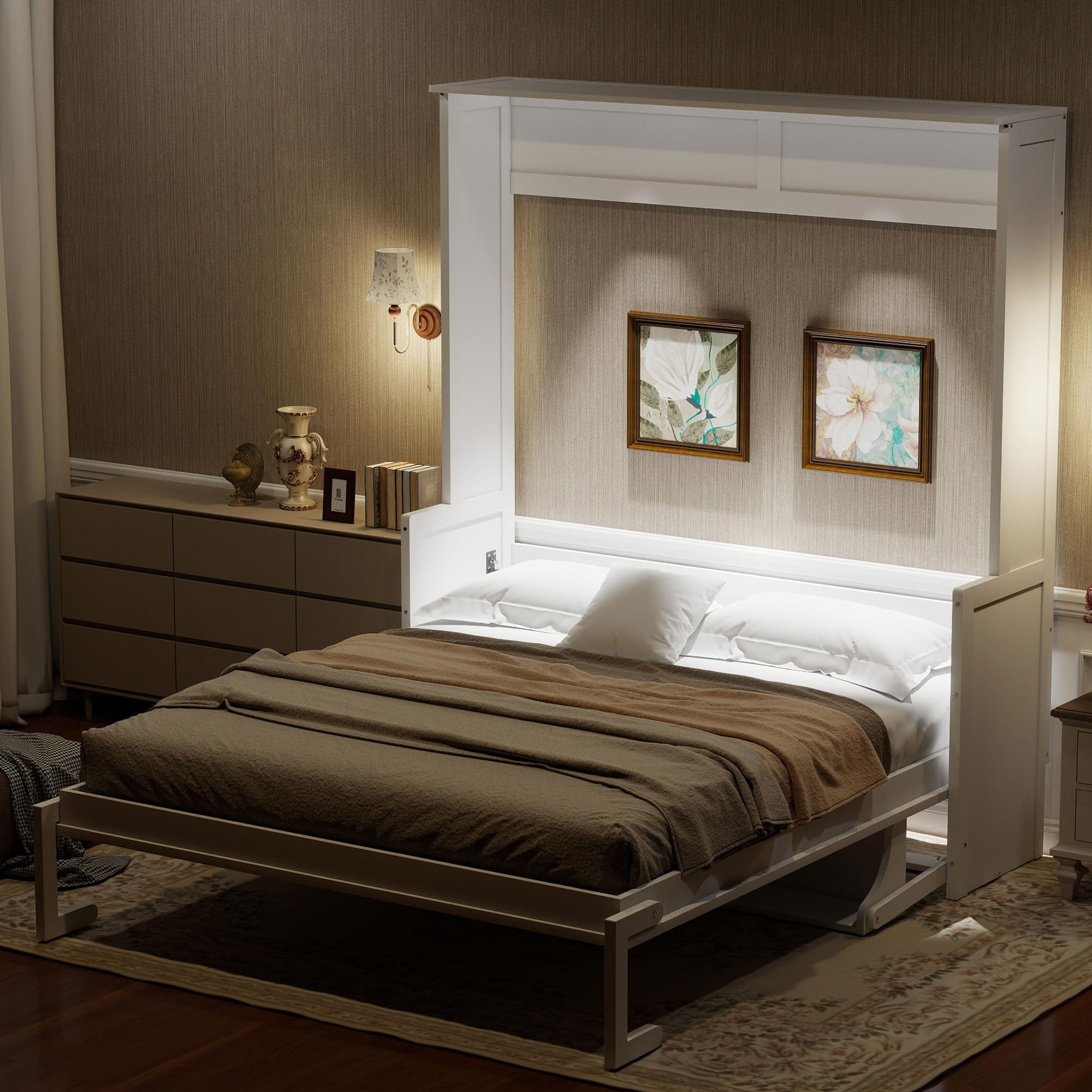 Queen Size Murphy Wall Bed with Desk, Wood Foldable Bed Cabinet with LED Lights and USB Charging Station for Small Places (White)