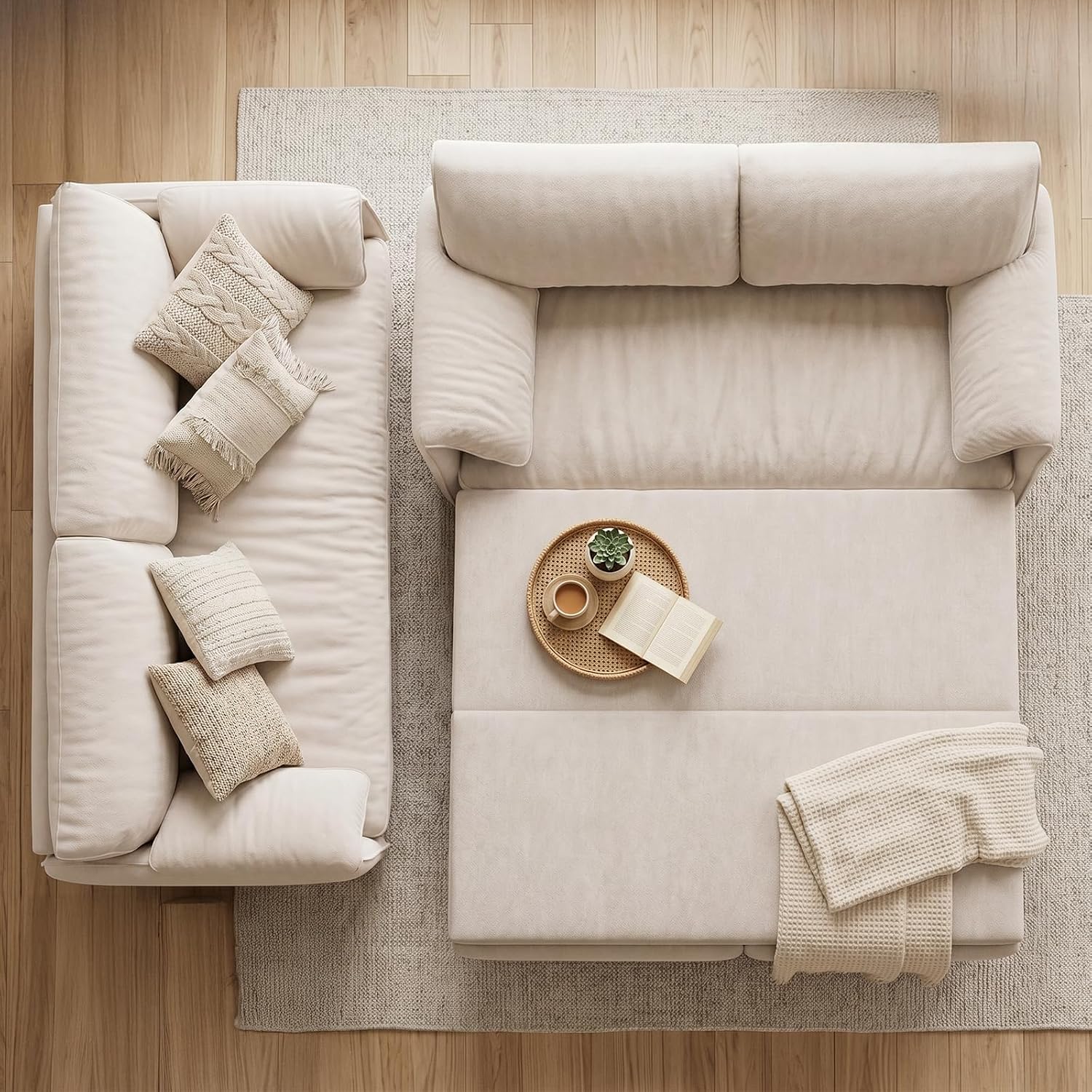 Yafylly Queen Full Size 3-in-1 Convertible Sleeper Sofa Bed, Velvet Loveseat Pull Out Couch with Pillows for Living Room, Bedroom, Apartment, Office, Pure White