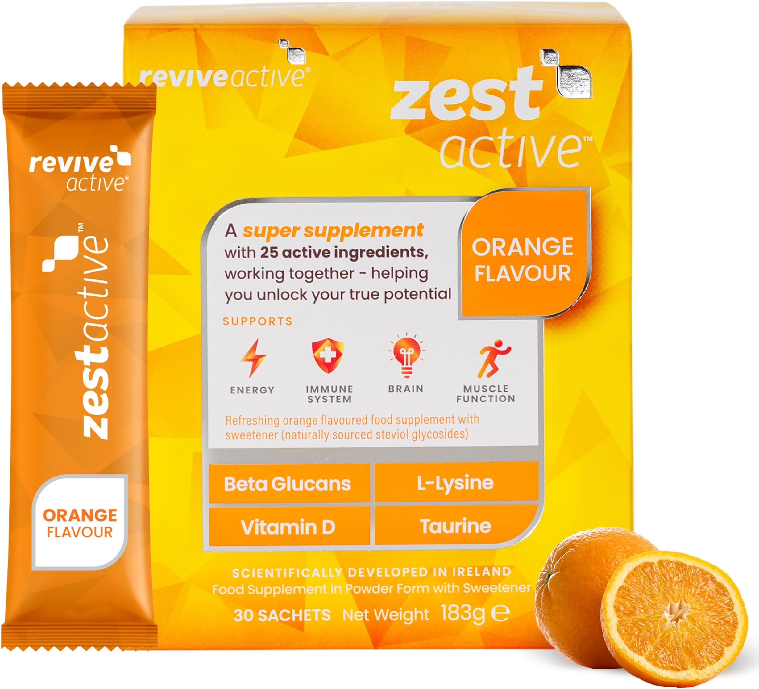 Zest Super Supplement – 25 Ingredients in One Daily Sachet - Daily Boost Supports Energy, Immune System, Brain & Muscle Function - 30 Day Supply
