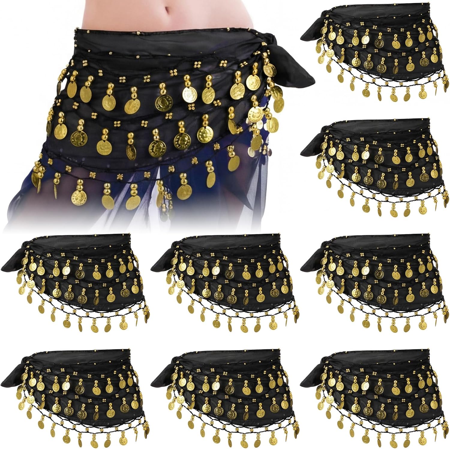 Cuffbow 8 Pcs Black Belly Dance Hip Scarf Bulk for Women Belly Dance Skirt Outfit 72 Coins Bling Chiffon Waist Chain Lightweight Costume Accessory for Group Performances Classes Theme Events Practice