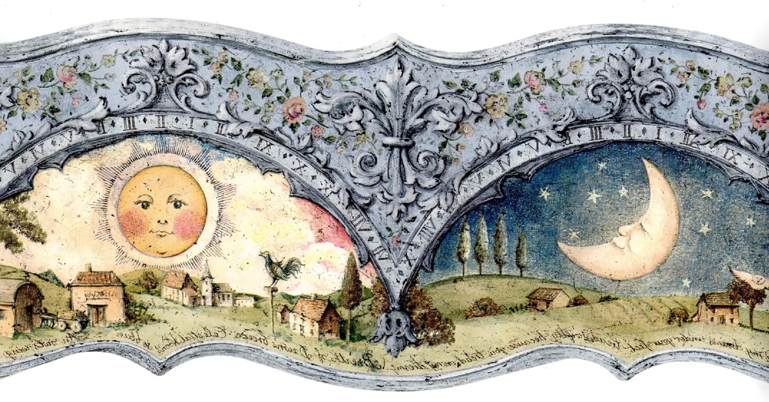 TRIMZ Celestial Wallpaper Border – Whimsical Sun & Moon, Scalloped Floral & Architectural Accents, Bedroom & Nursery Décor, Pre-Pasted, 15 Ft x 8 in.