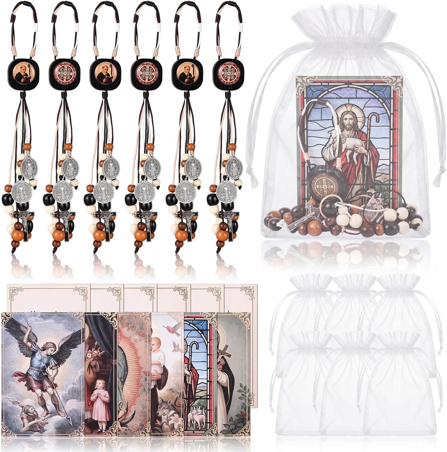 Yookeer 6 Sets St Benedict Medals Catholic Gift Set with Prayer Cards and Organza Bags, Wooden Bead Rosary Cross Crucifix Door Hanger for Home Protection, Car Mirror, House Blessing Theme Decor