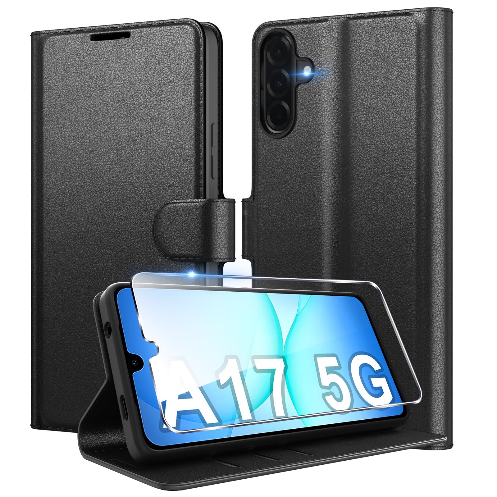 Eirltiy Cover per Samsung Galaxy A17 5G Portafoglio Pelle PU Premium, Custodia Scomparti Carte Antiurto Protettiva Case con 1 Vetro Temperato, Nero