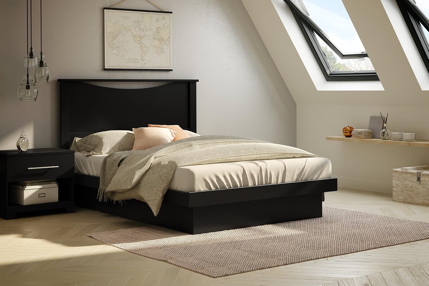 South Shore Step One Platform Bed with Moldings Pure Black, Contemporary