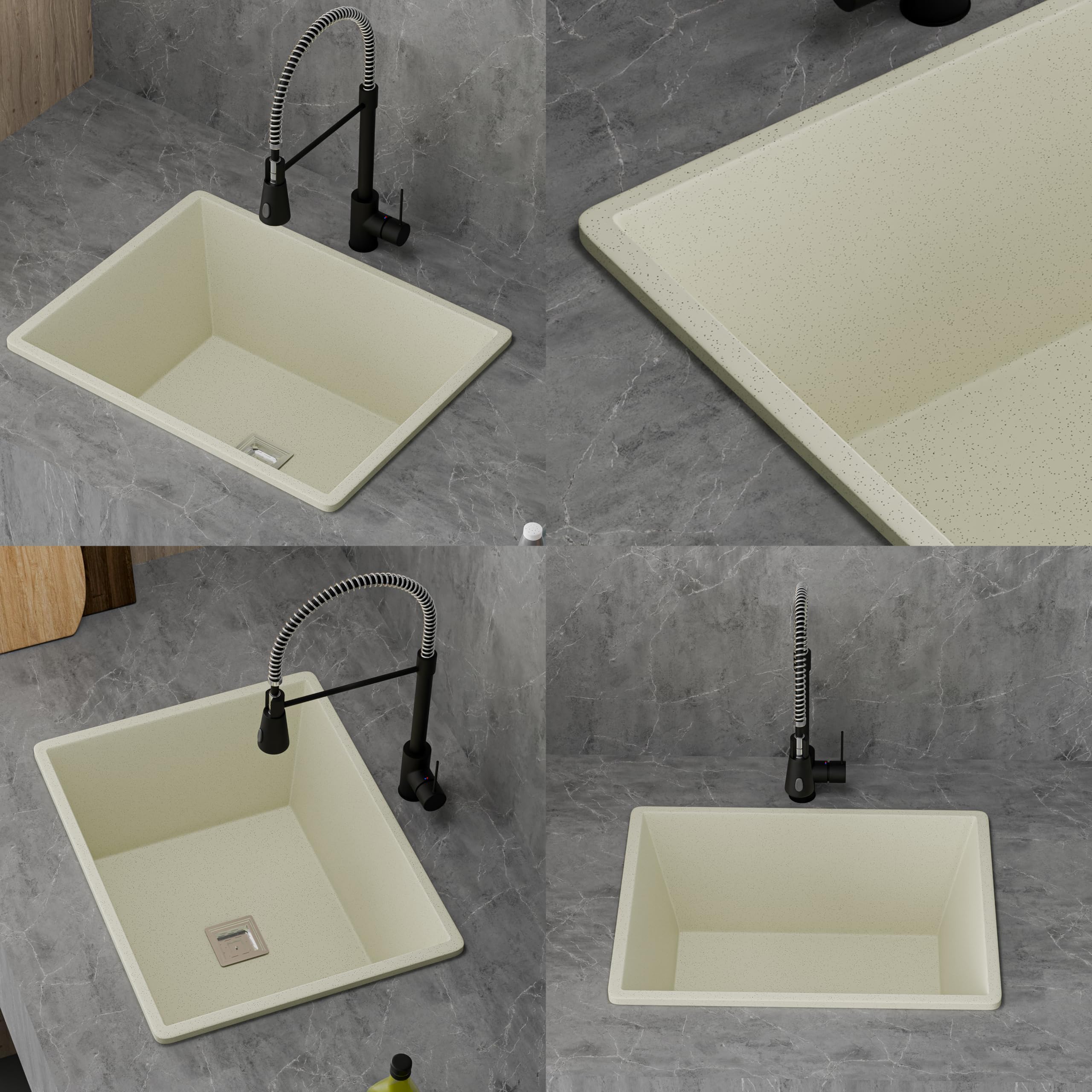 HISRE Single Bowl Quartz Kitchen Sink 16X18X8 Inch | Deep Undermount or Drop In Basin for Kitchen | Easy Clean and Scratch Resistant | Heavy Duty Construction for Long Lasting Use | Crema, photo 4 of 5