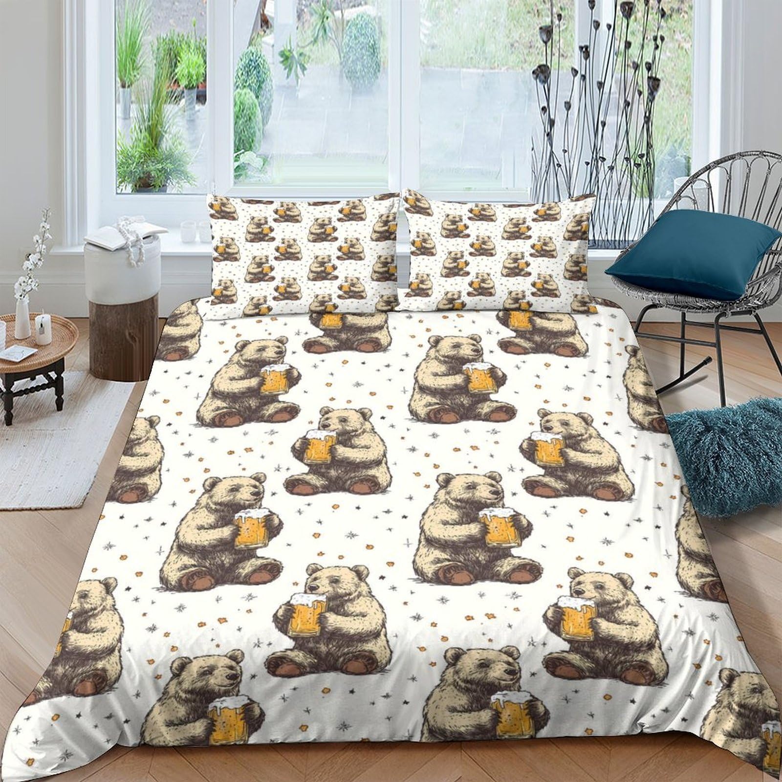 XFKLYNVCJ 3D Printed bear drinking beer Comforter Cover Premium Polyester hand drawn cartoon Duvet Cover Shrink Resistant Stain Resistant Soft Comfortable Easy Care for Home Bedding Double（200x200cm）