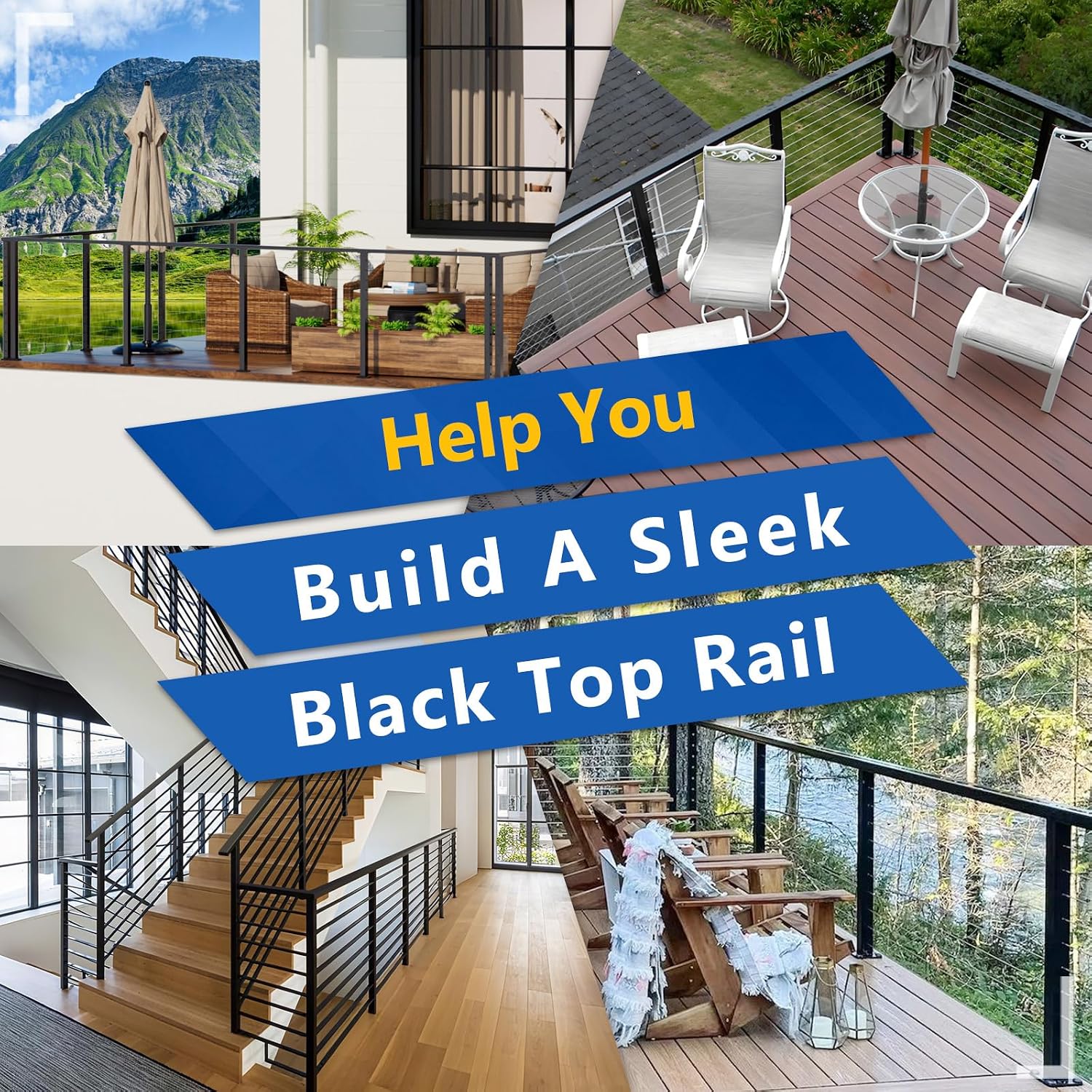 2Pack 8FT Stainless Steel T304 Black Handrail, 2" W x 1" H Rectangular Cuttable Handrail with End Cap Screw, Flat Top Rail for Indoor Outdoor Deck Stair Cable Railing System Post Kit