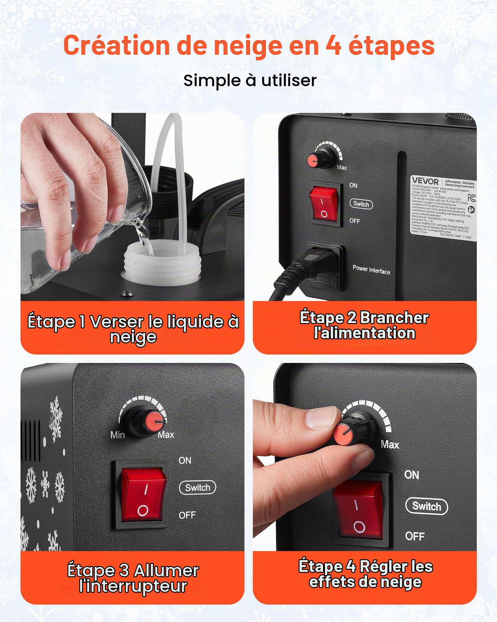 VEVOR Machine à Neige, 650 W, Machine à Flocons de Neige Artificielle Portative Suspendue, avec Poignée Portable, pour DJ, Fêtes de Noël, Effet de Scène, Décoration de Mariage, Extérieur et Intérieur