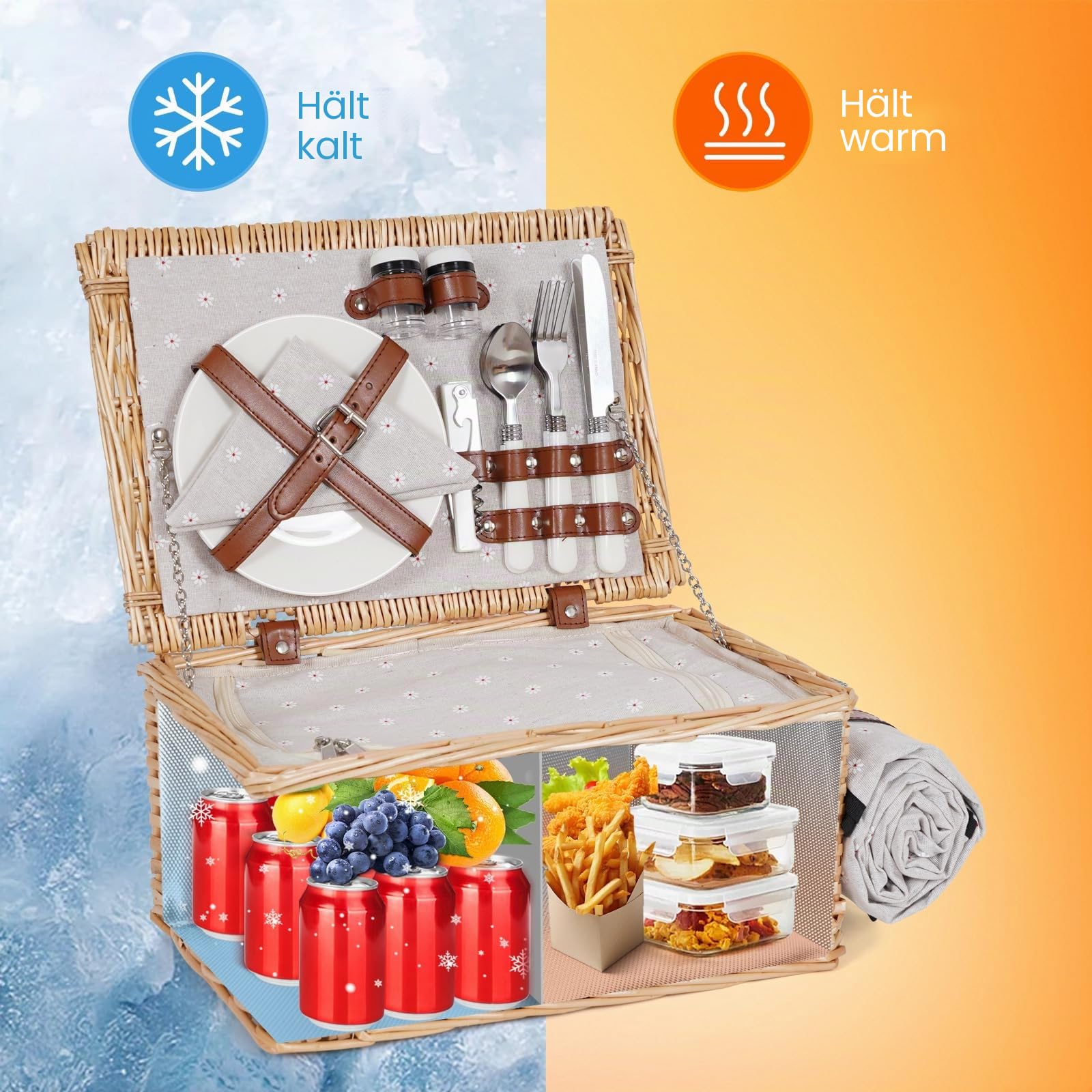 Picknickkorb für 2 Personen - Isolierter Vintage Weidenkorb mit wasserdichter Matte & Besteckset Paare, Camping, Geburtstag oder Valentinstag (weiße Blumen)