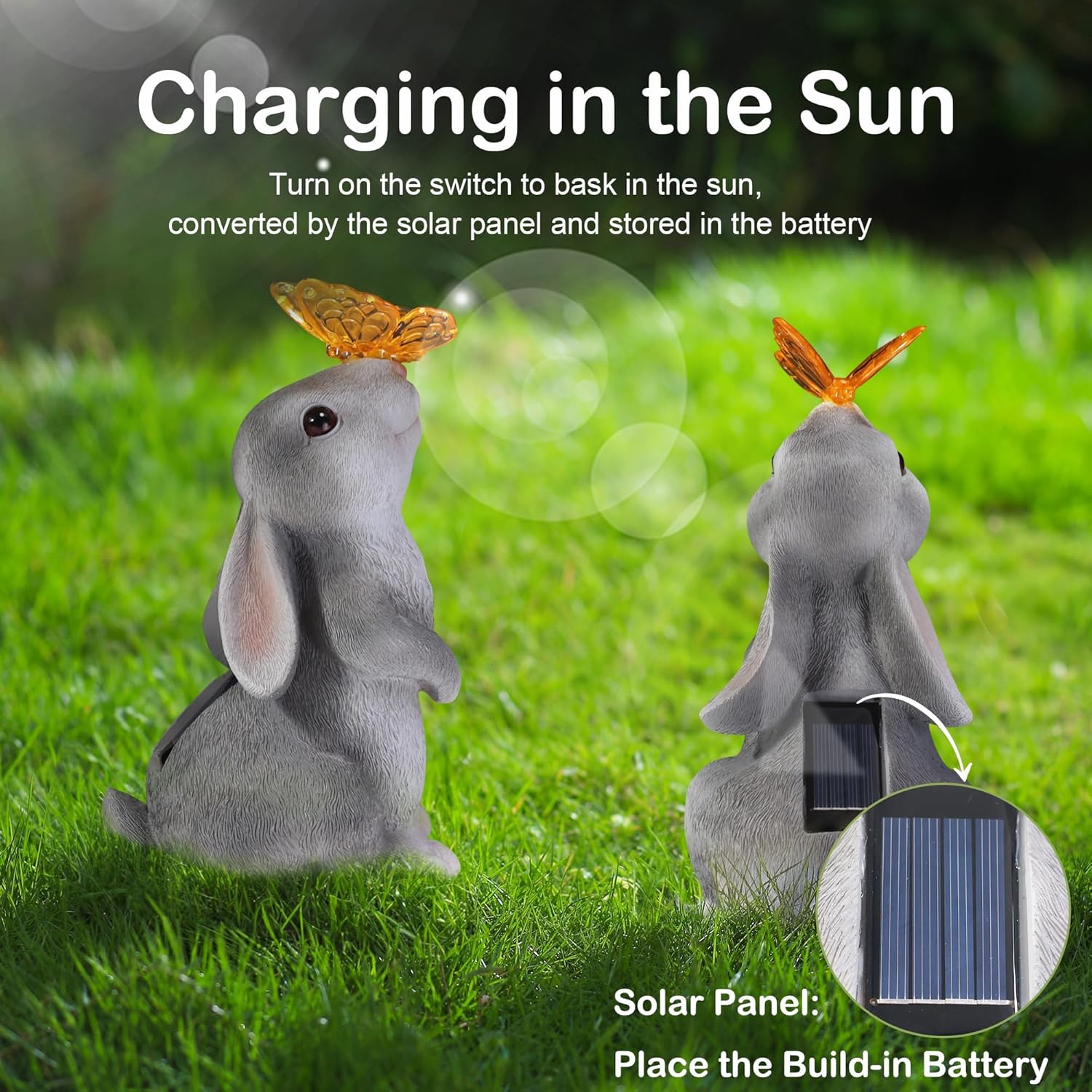 Attivolife Garden Solar Outdoor Statues Rabbit Light, Bunny with Butterfly & 7 Color Change Lamp, Patio Easter Ornament for Lawn Balcony Porch Yard Art Decor, for Mom Grandma