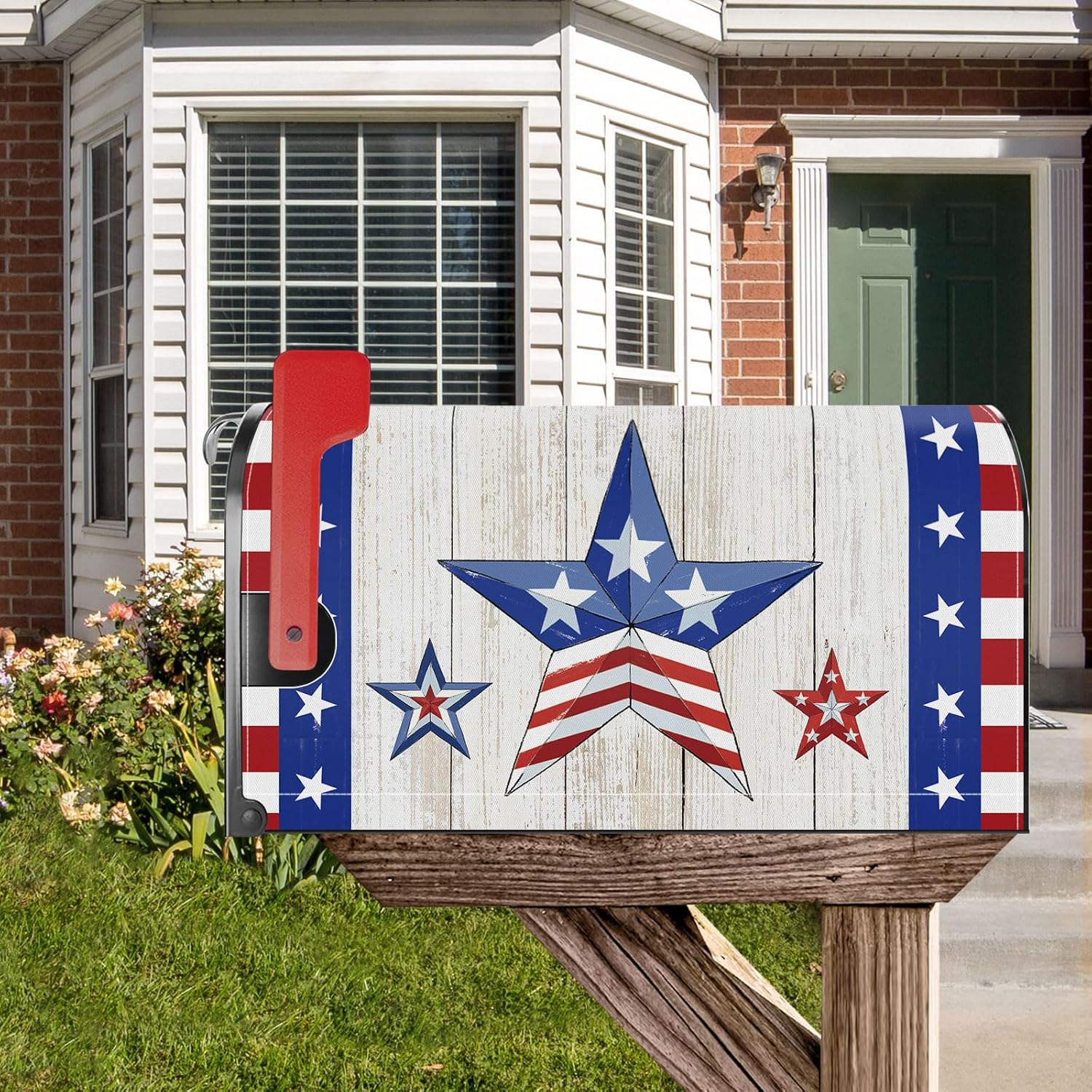 4th of July Patriotic Blue Red Star Mailbox Cover Magnetic Standard Size 21x18 Inch Independence Day Memorial Day Decorative Post Letter Box Wrap Decor Garden Yard Decoration
