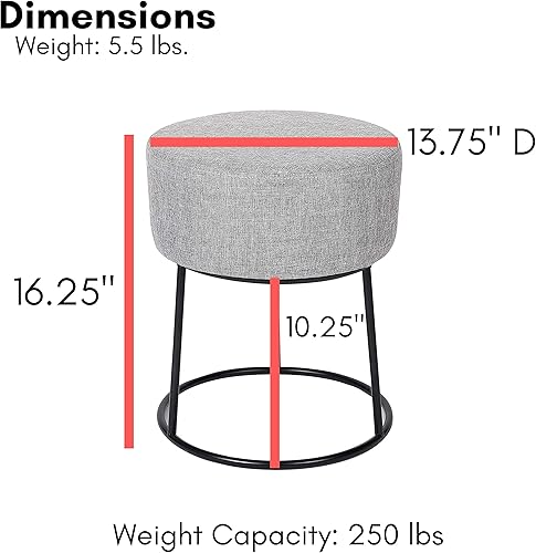 Miniatura 3 de BIRDROCK HOME Otomana de lino con reposapiés, silla de tocador tapizada con patas de metal negro, taburete redondo acolchado suave para sala de