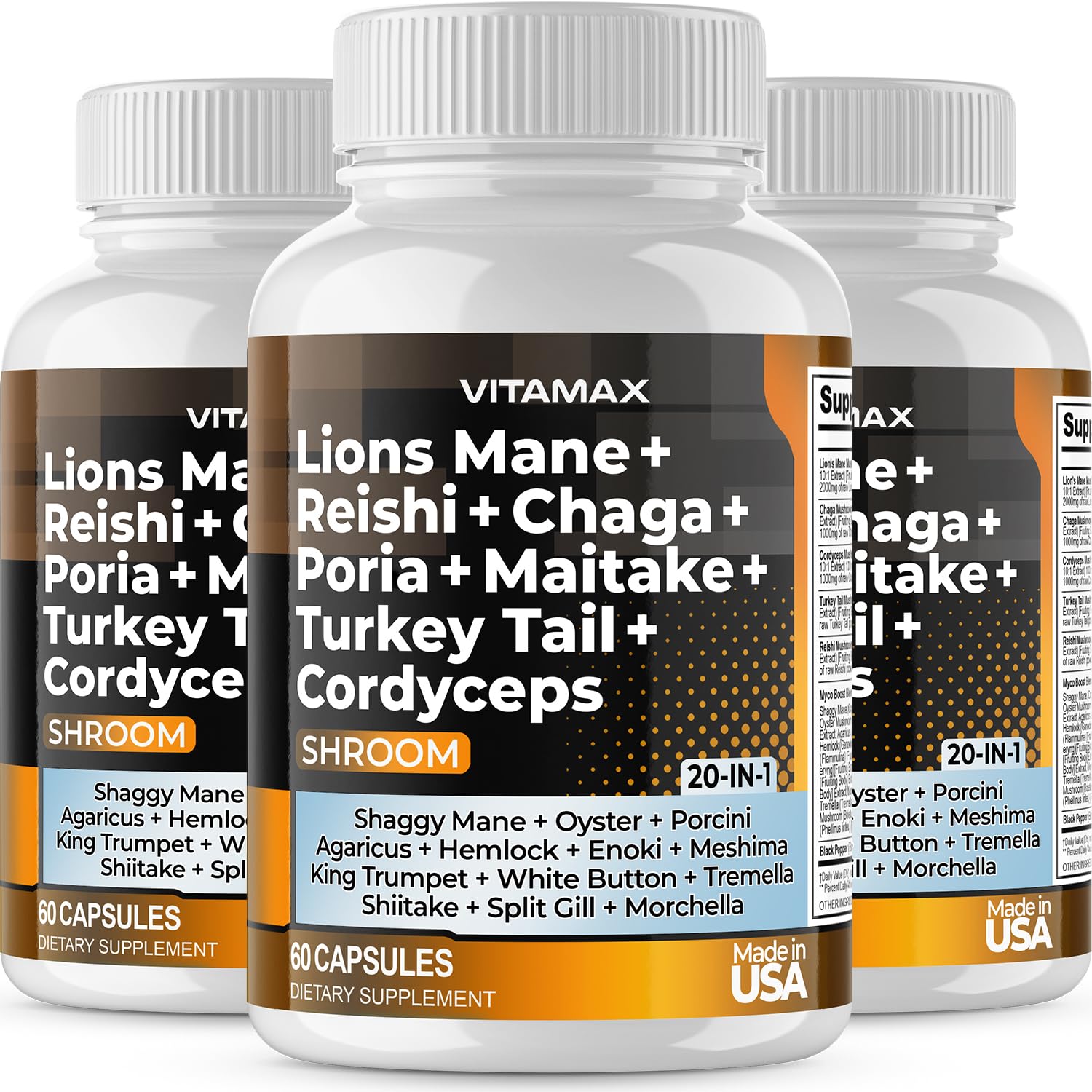 VitamaxLions Mane Mushroom 3000mg Turkey Tail 2000mg Chaga & Reishi 1000mg Cordyceps Shiitake White Elm King Trumpet Nameko Oyster Porcini Focus & Energy - Made in USA - 180ct
