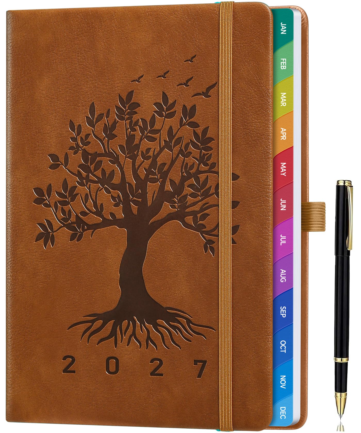 ZXHQ Diary 2027 Week to View A5, Jan to Dec, Weekly & Monthly Full Year Planner, UK Holidays, Colourful Monthly Tabs, Fine Inner Pocket, Hardcover, Pen Set, 5.9" × 8.5" - Vintage Tan