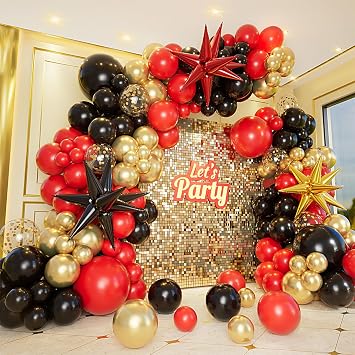 161pcs Red Black and Gold Balloons Garland Arch Kit with 5/10/12/18in Red Black Gold Balloons Explosion Star Balloons for 2025 Graduation Anniversary Casino Wedding Birthday Party Decorations