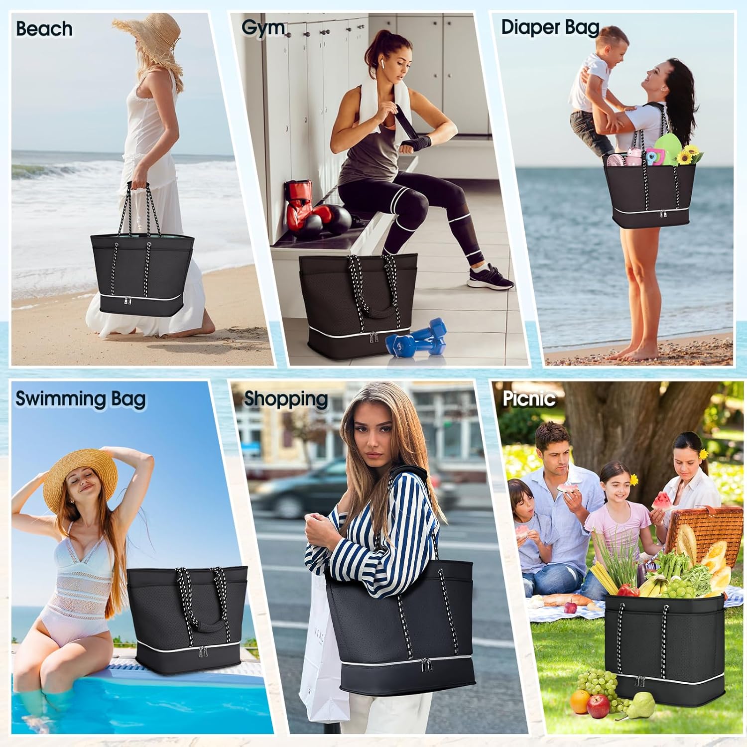 Beach Bags for Women Large Waterproof Sandproof Beach Tote Bag with Zipper Swim Pool Neoprene Beach Bag for Vacation Travel - Image 8