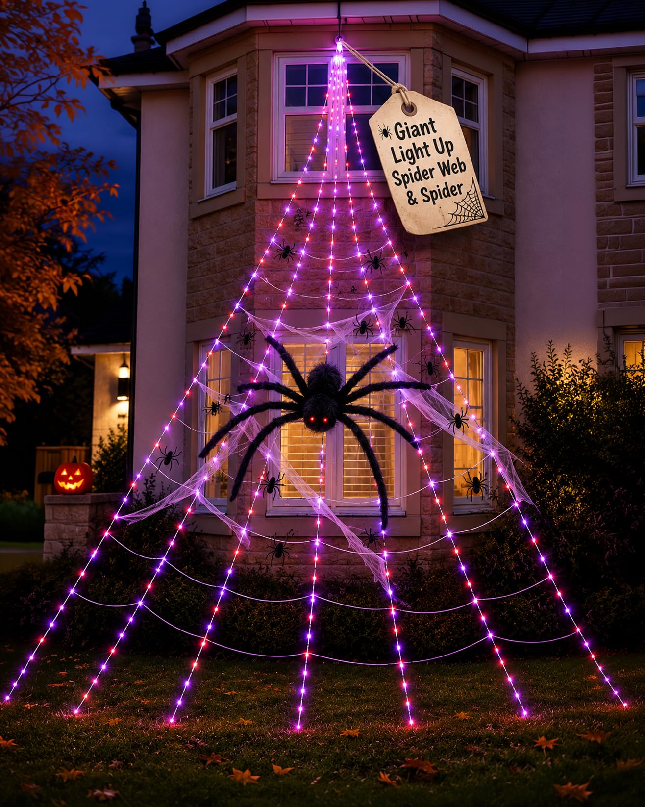 Marco Paul - Telaraña gigante para decoración de Halloween, exhibición al aire libre de 19 x 23 pies con araña de 4 pies, 396 LED, luces naranja y morado, 12 modos, control remoto, estacas y