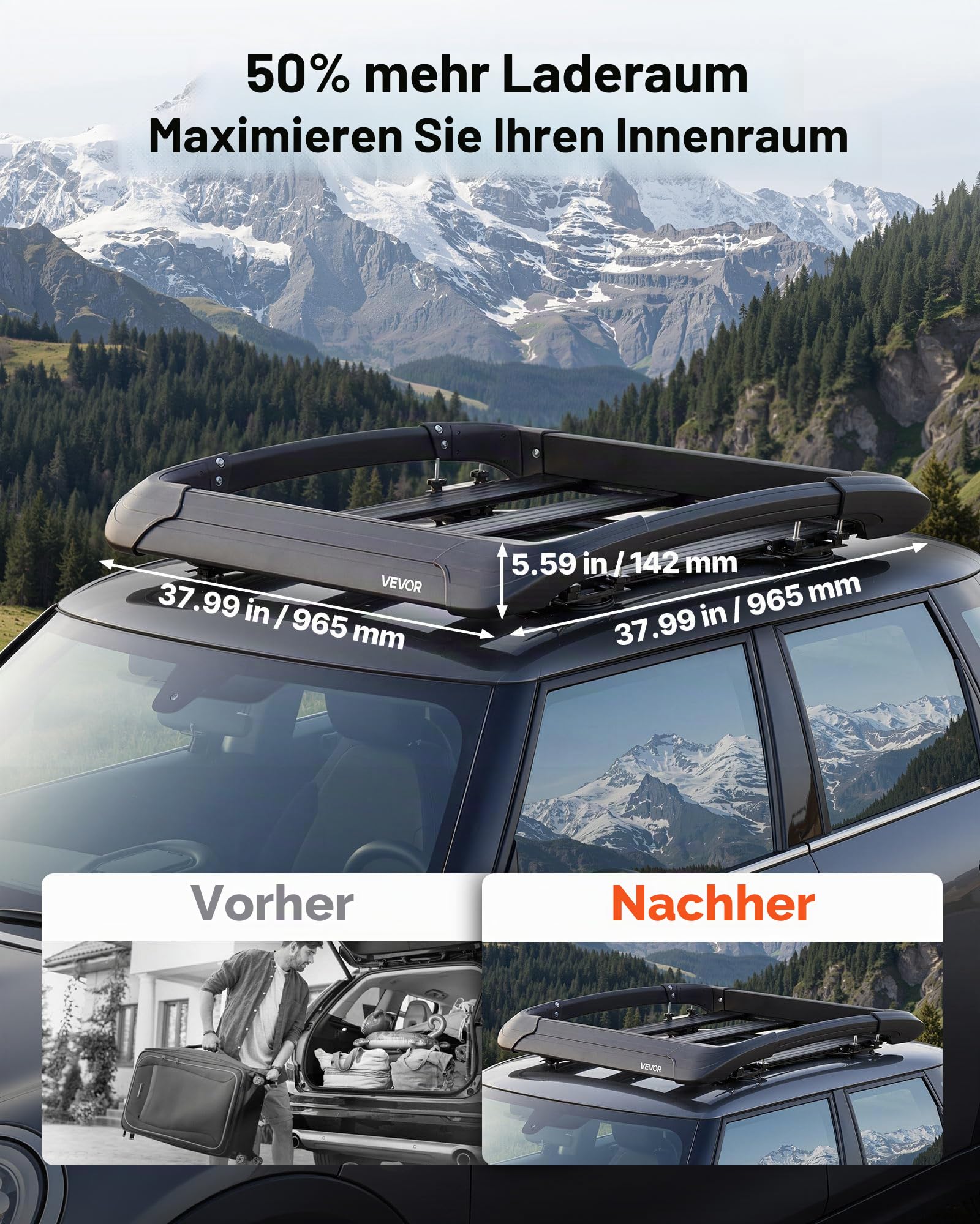 VEVOR Dachgepäckkorb 965 x 965 x 142 mm Dachträgerkorb aus Aluminiumlegierung 68,04 kg Tragkraft Wetterfester Dachgepäckträger Passend für Querträger bis 90 x 50 mm Ideal für SUVs und Pickups