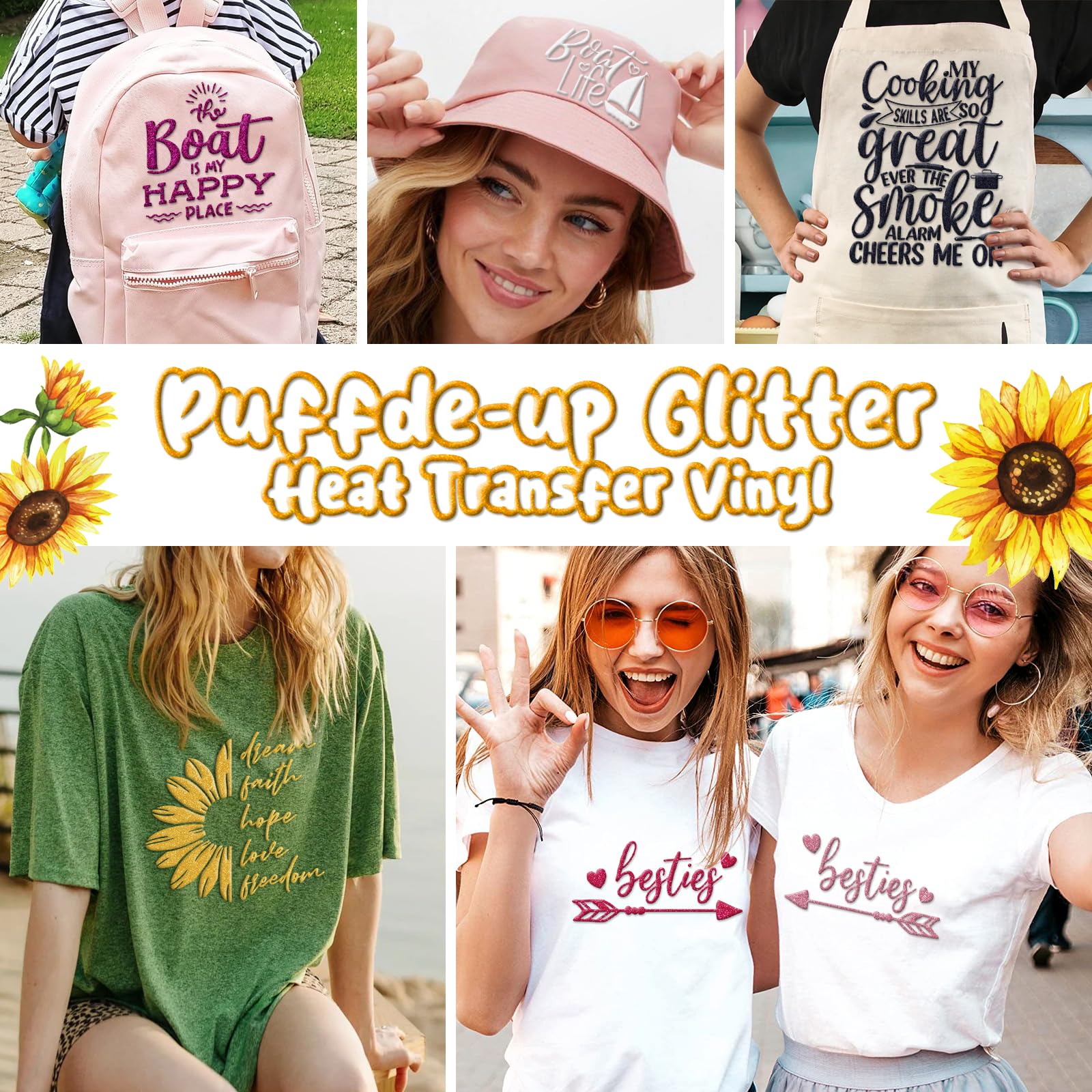 Puff Vinyl Heat Transfer 3D Puff Heat Transfer Vinyl HTV Vinyl for T-Shirts Hat Pillow Hoodie DIY Fabric Supplies (Glitter-10pcs)