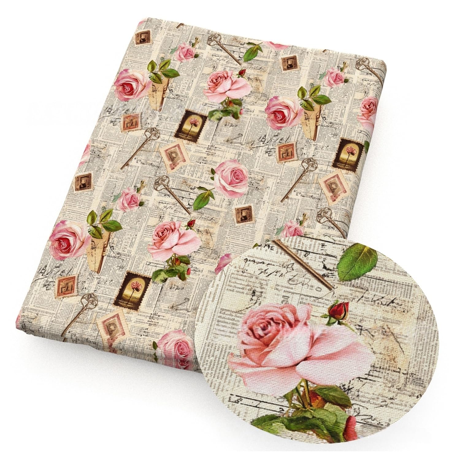 Tkanina w stylu vintage, kwiatowa, z nadrukiem, na metry, dekoracyjna, styl gazety, materiał do szycia, retro, kwiaty, róże, materiał z nadrukiem kwiatowym, do samodzielnego wykonania