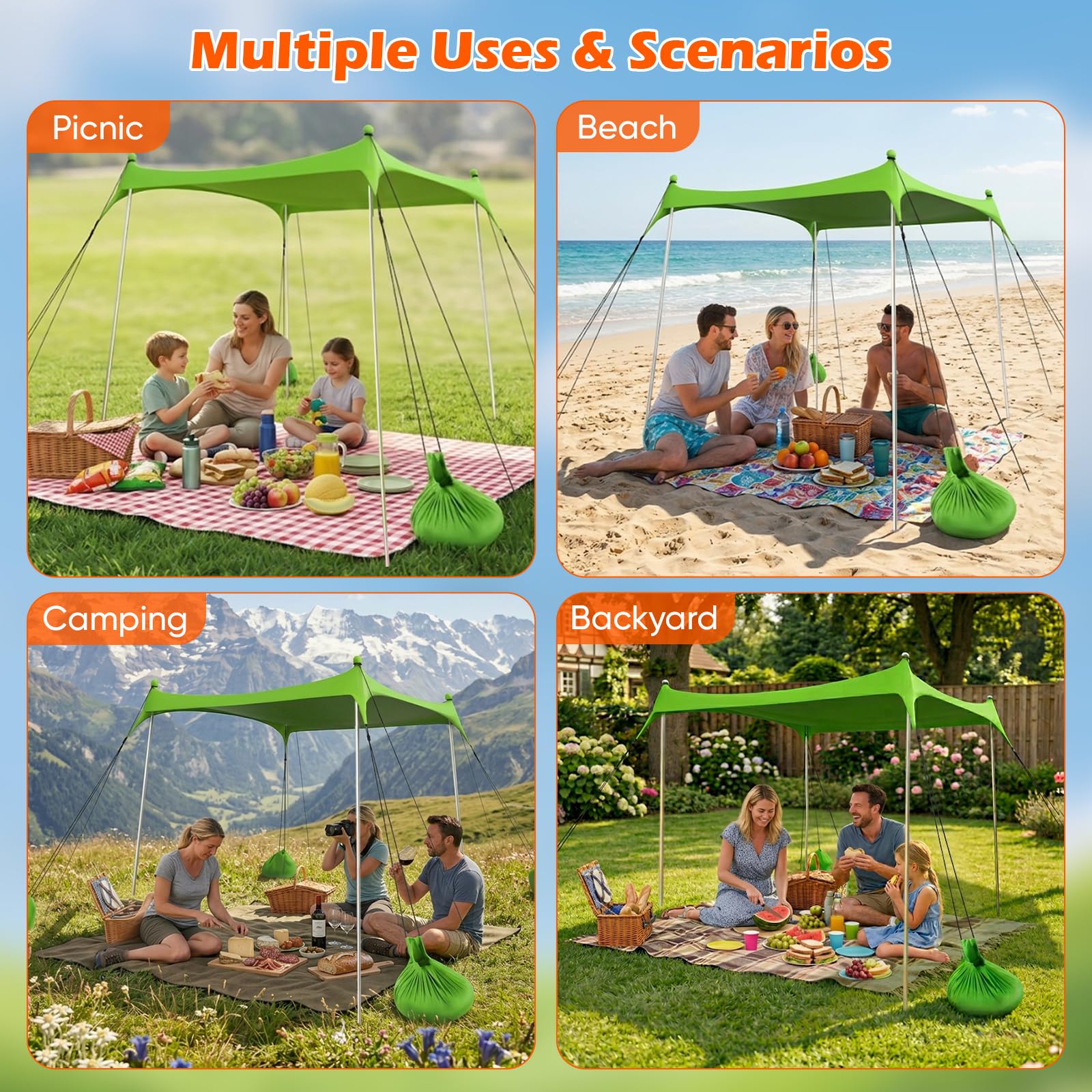Tenda da spiaggia 2 x 2,1 m, Parasole UPF50+ Portatile per 2-3 Persone – Kit Parasole da Esterno con Pali, Picchetti, Corde e Borsa Trasporto – Ideale per Spiaggia, Campeggio, Picnic – Verde